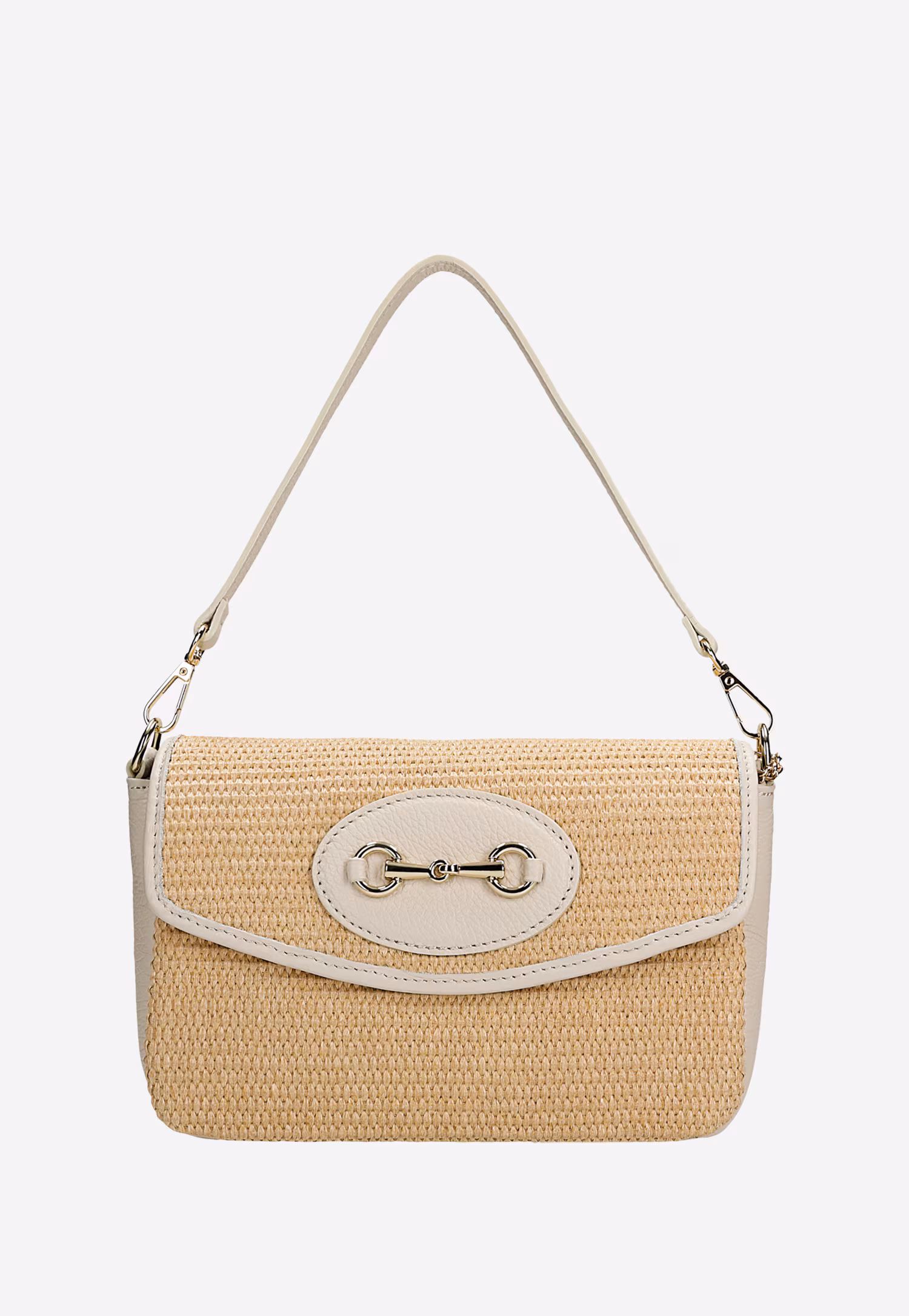 Mała beżowa torebka na lato ze skóry licowej i rafii