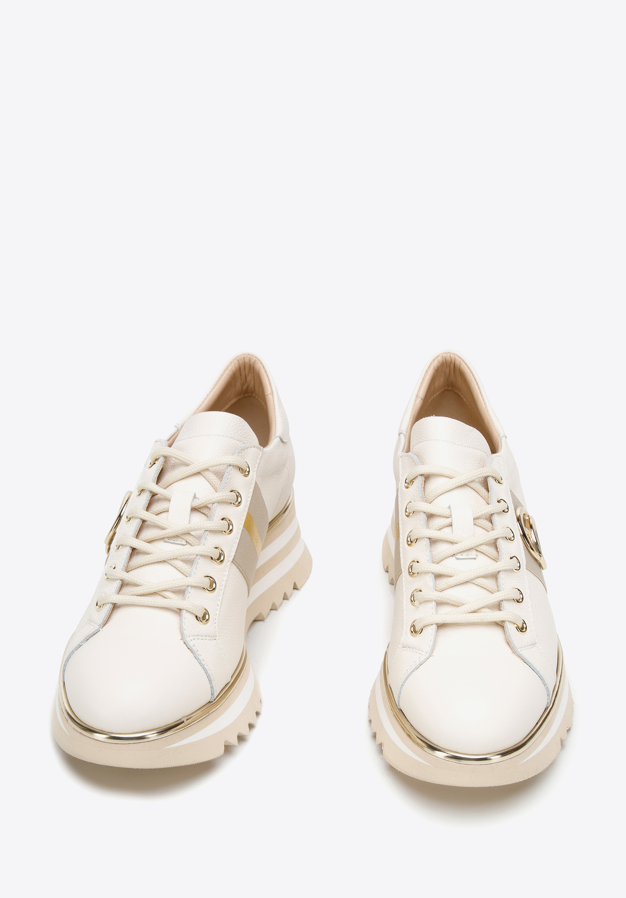 Damskie sneakersy skórzane z klamrą na platformie w pasy