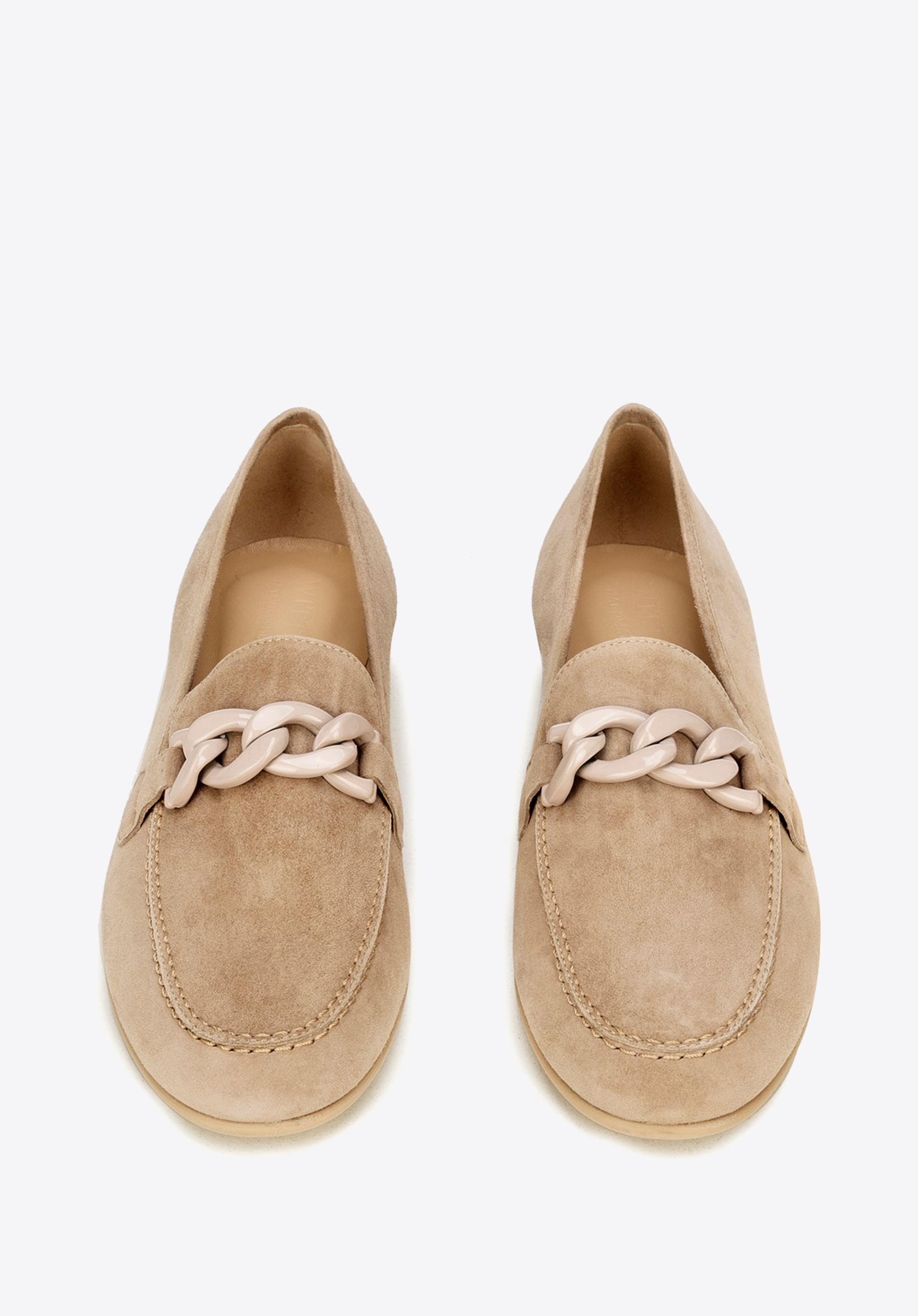 Damskie mokasyny zamszowe z łańcuchem