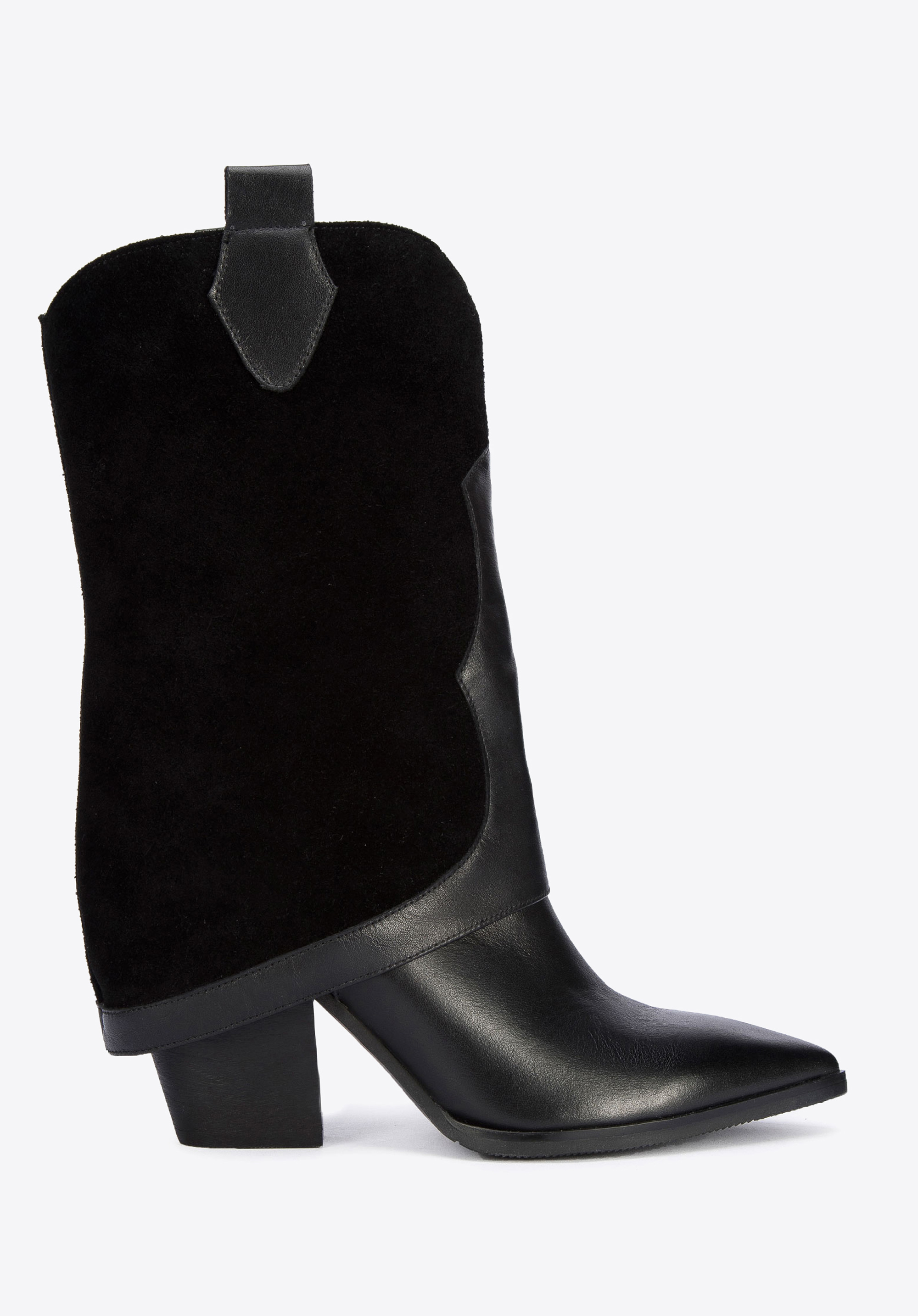 Damskie kowbojki z dwóch rodzajów skór z nakładką