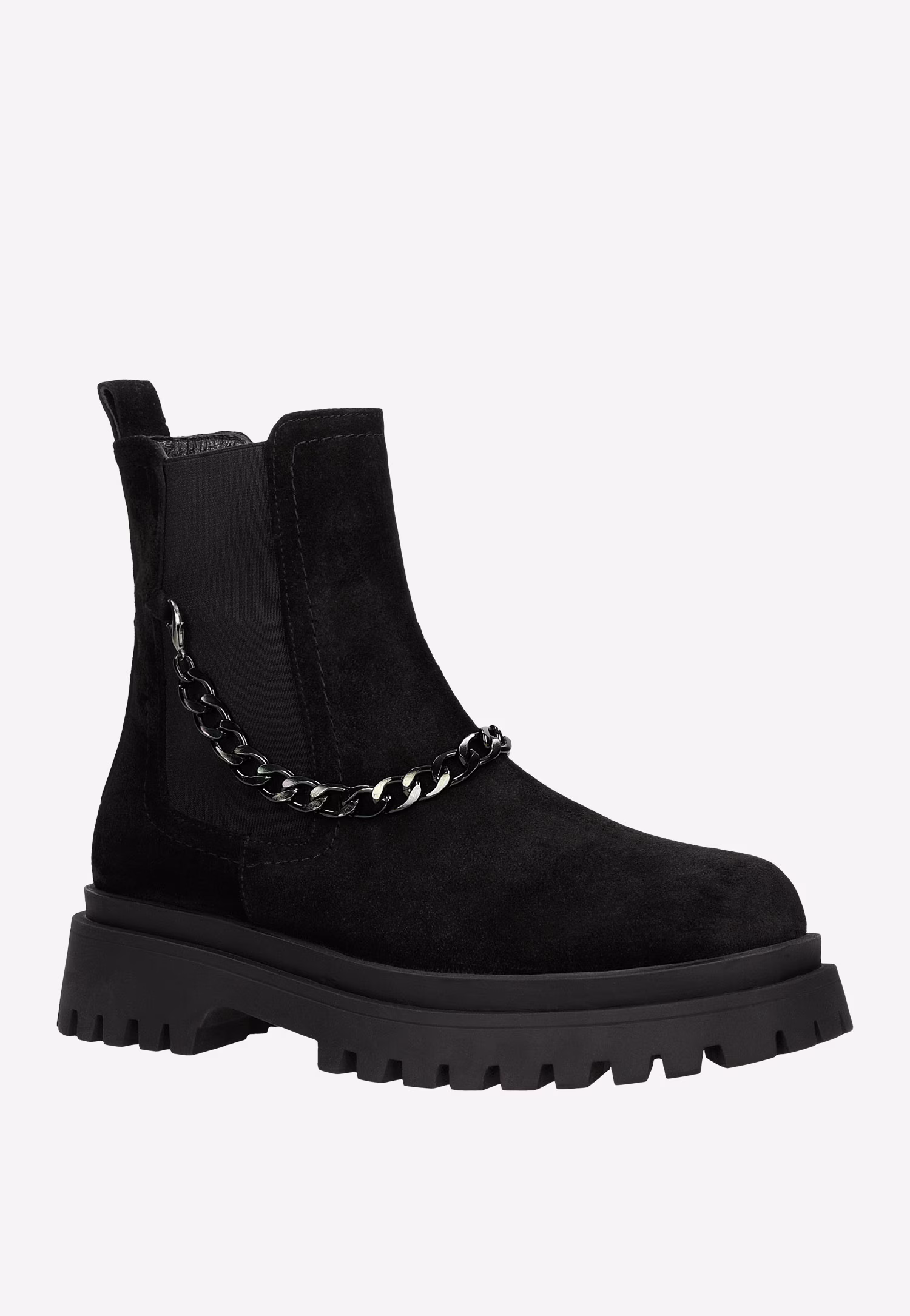 Czarne sztyblety z dwoiny welurowej z odczepianym ozdobnym łańcuchem