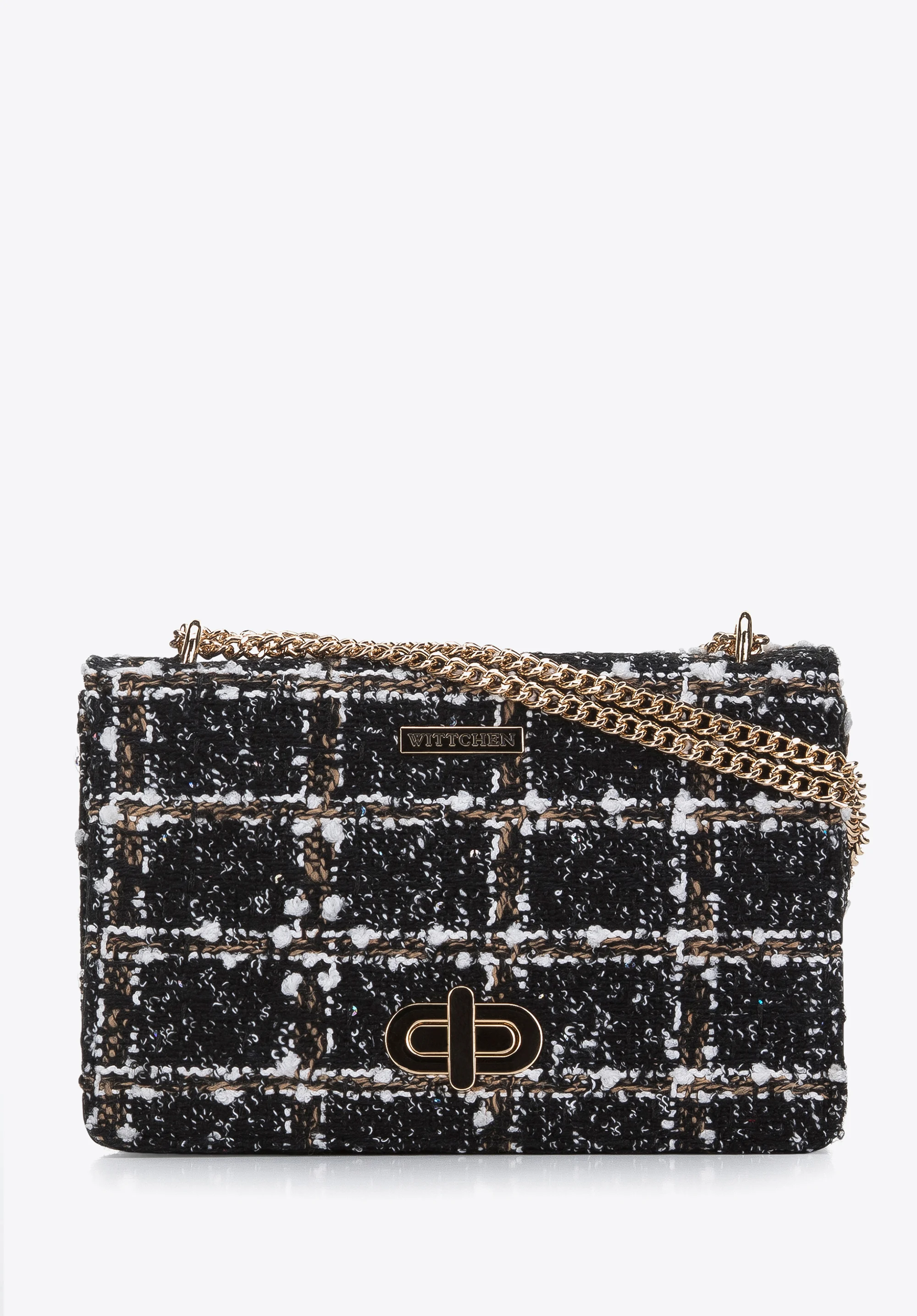 Damska minitorebka ze wstawką z tkaniny bouclé