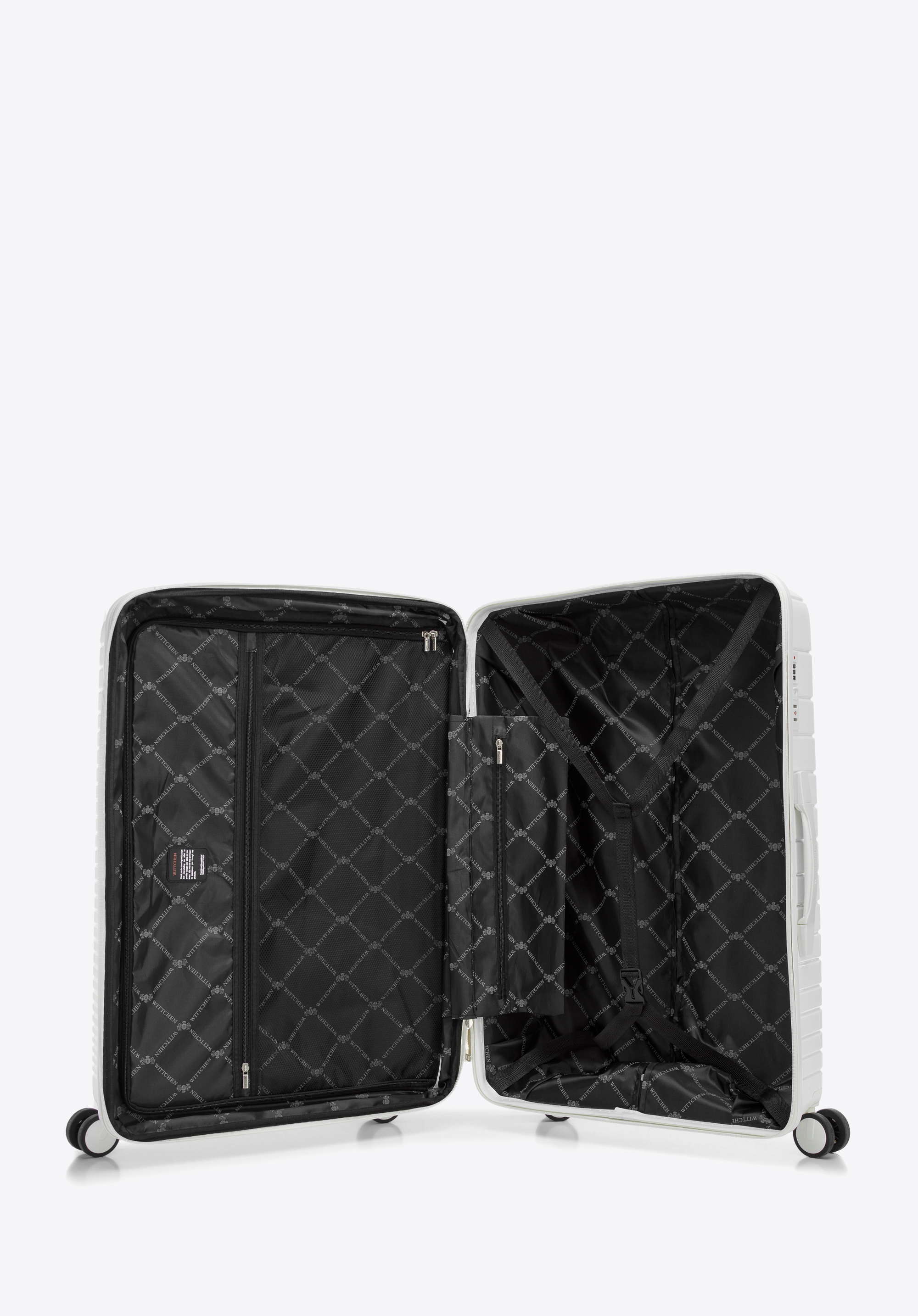 Duża walizka z polipropylenu z błyszczącymi paskami