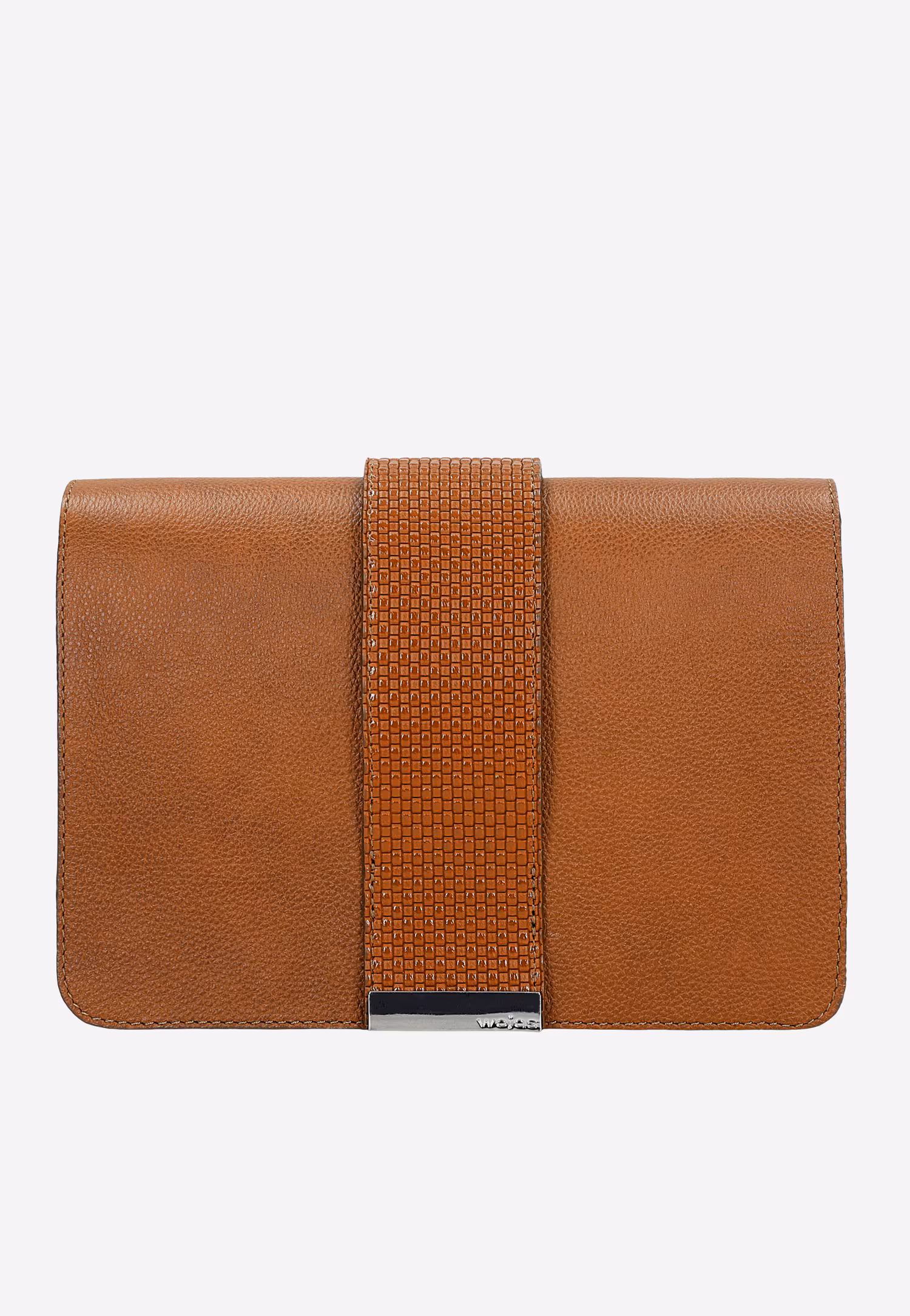 Mała jasnobrązowa torebka damska ze zdobionym paskiem