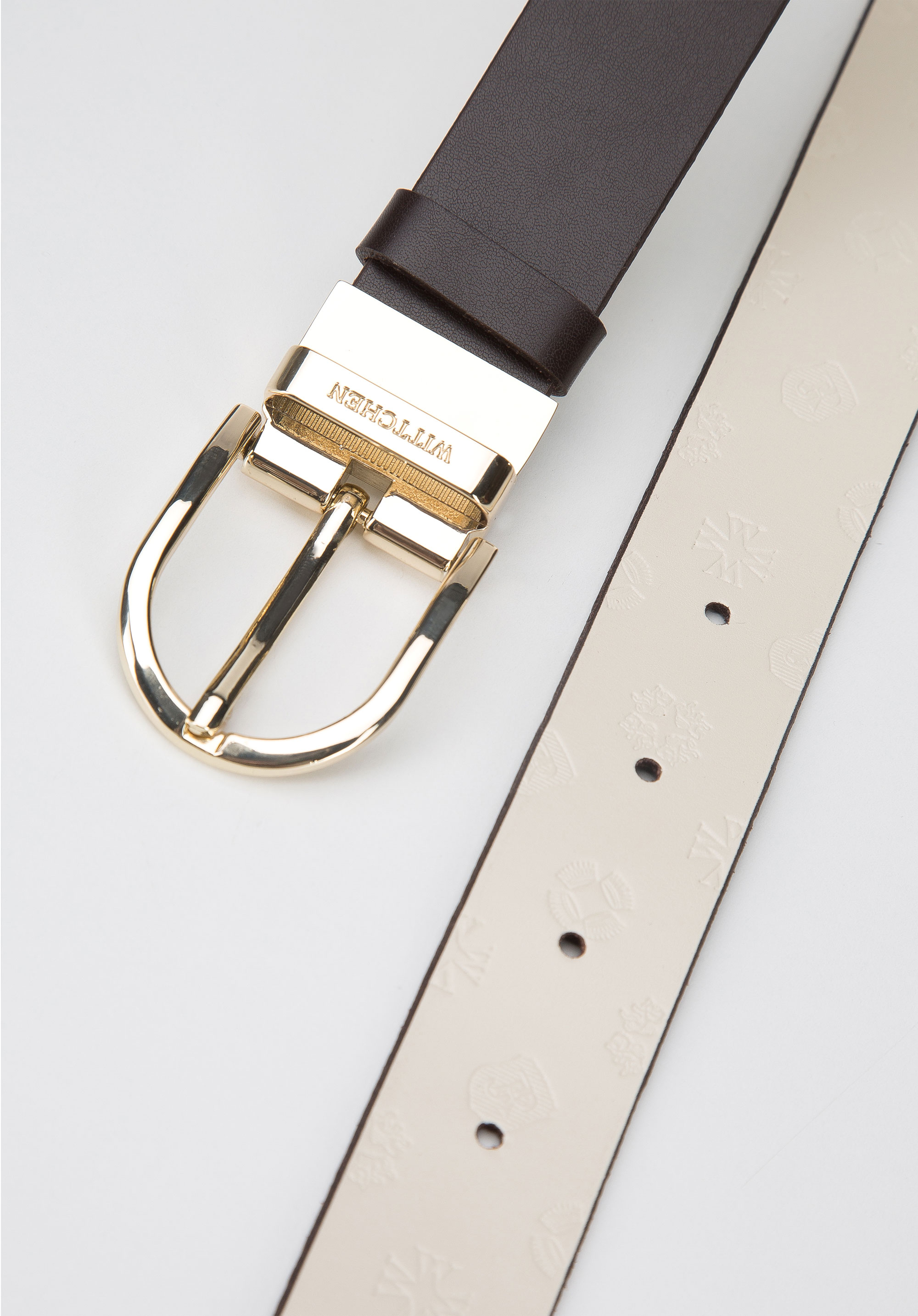 Damski pasek skórzany dwustronny tłoczony w logo