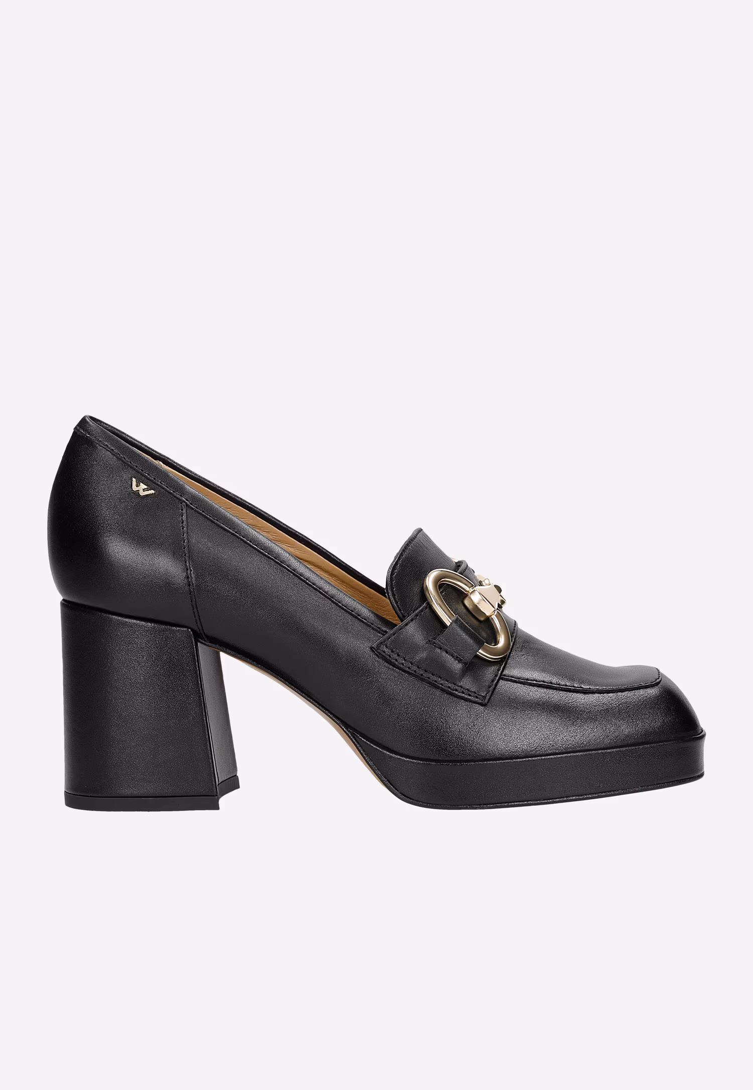 Czarne skórzane mokasyny damskie na słupku ze złotą ozdobą