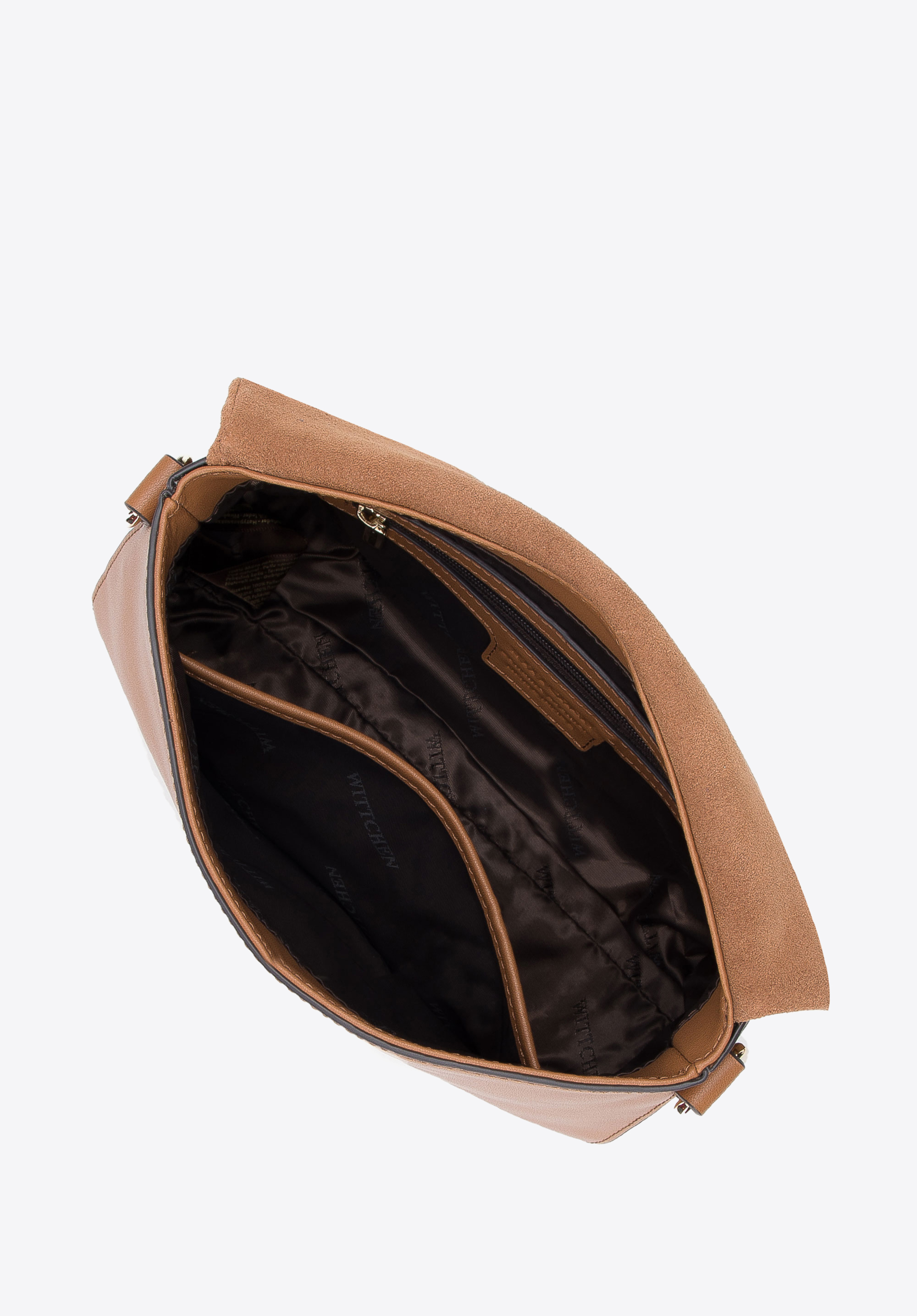 Damska torebka z dwóch rodzajów skór z kieszenią w klapie