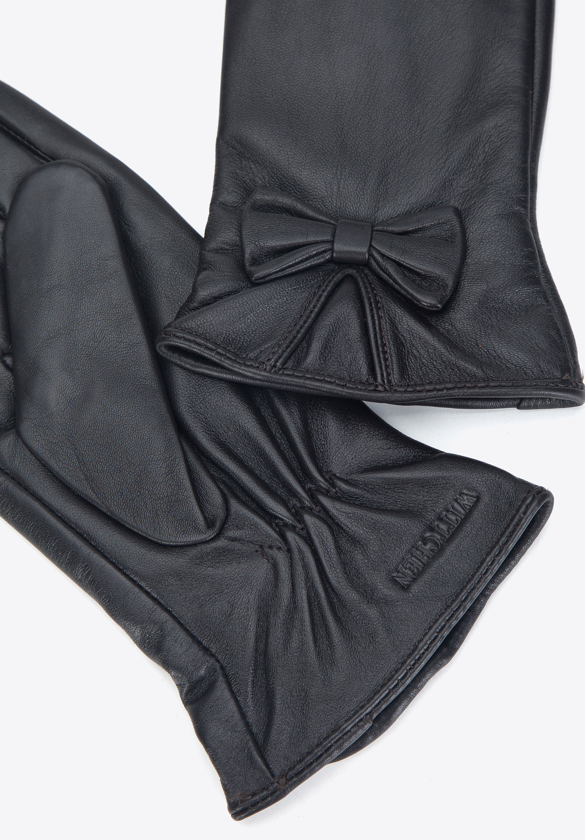 Damskie rękawiczki skórzane z kokardką