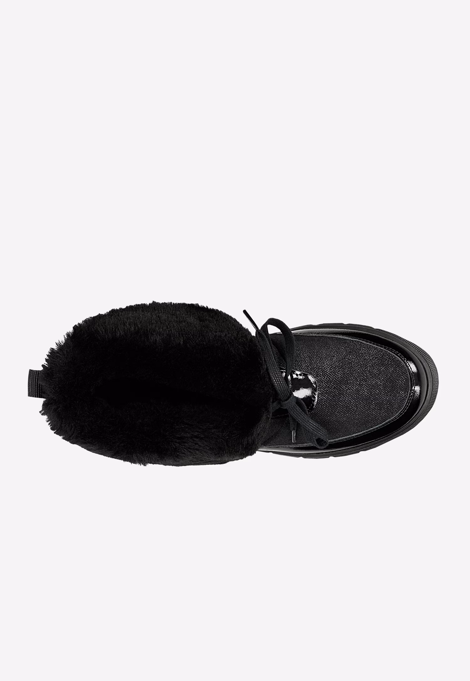 Czarne futerkowe śniegowce RELAKS z lakierowanymi elementami