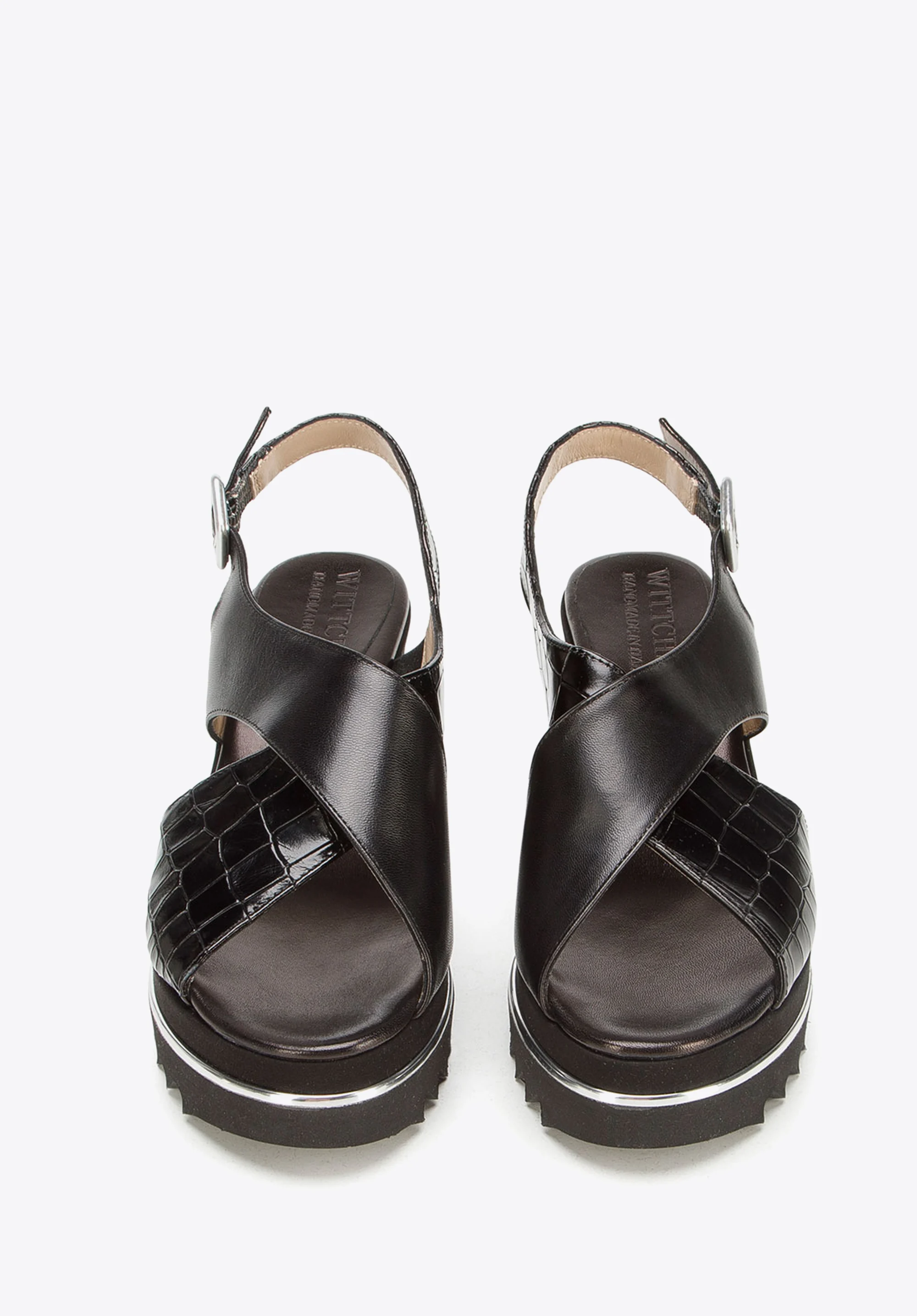 Damskie sandały na koturnie ze skóry w krokodyli wzór