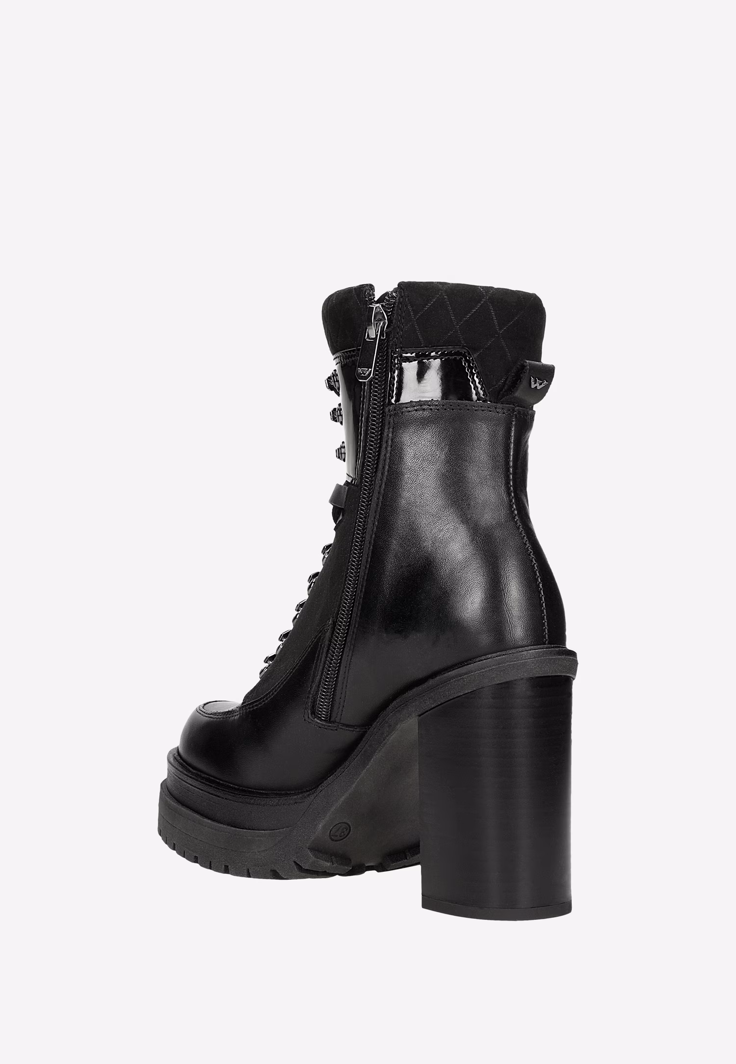 Czarne bikery z łączonych skór na obcasie