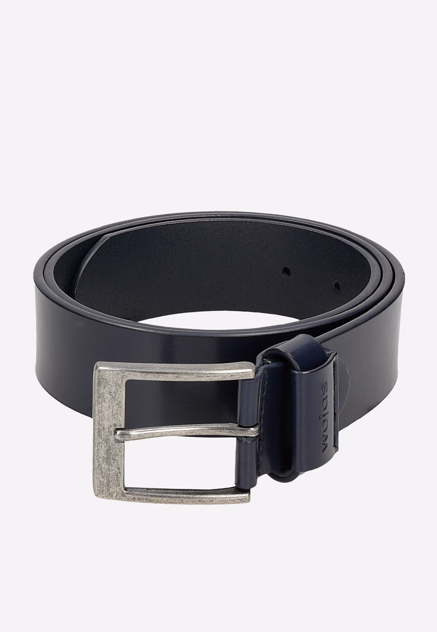 Granatowy skórzany pasek męski ze srebrną klamrą