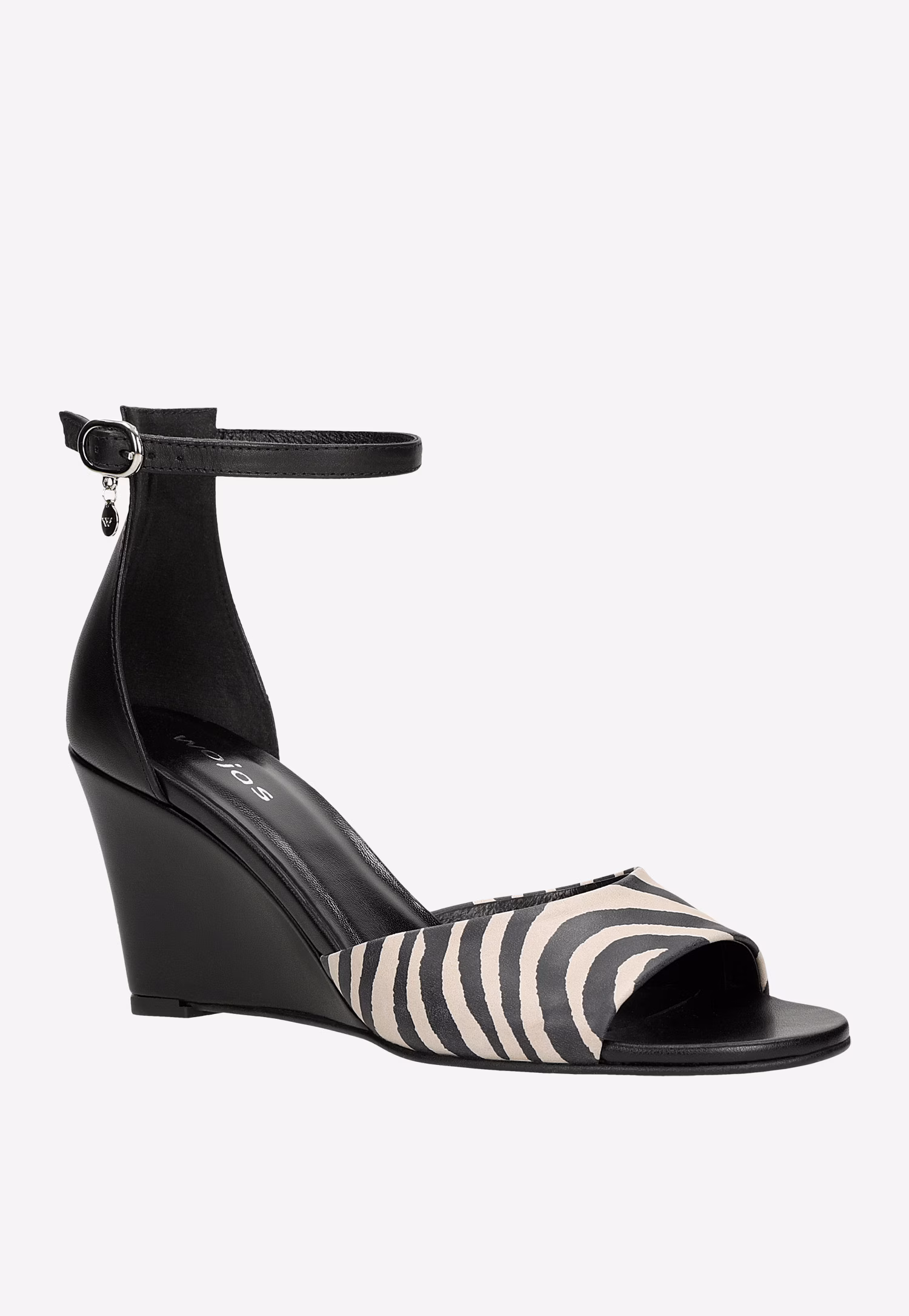 Czarne sandały na koturnie w czarno-beżowe paski