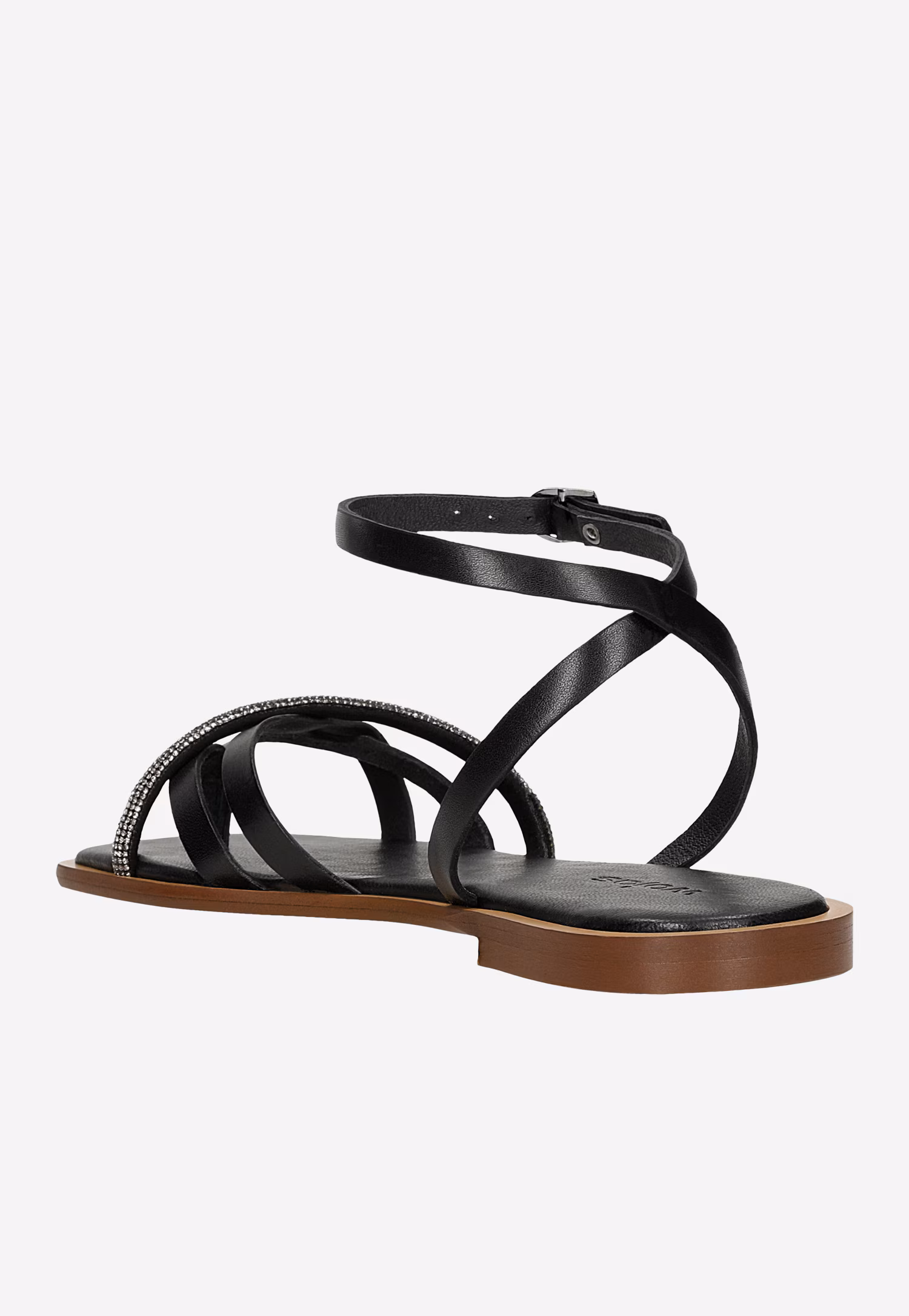Czarne płaskie sandały damskie z paskiem z kryształkami
