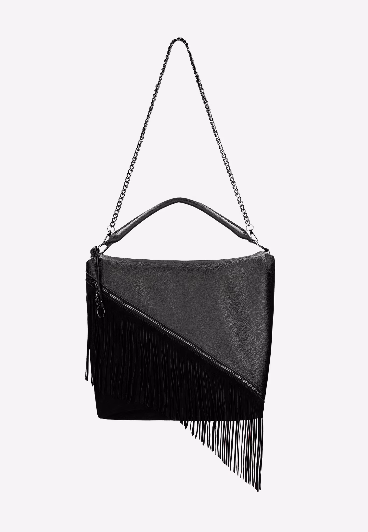 Jasnobrązowa skórzana torebka damska z frędzlami i łańcuchem