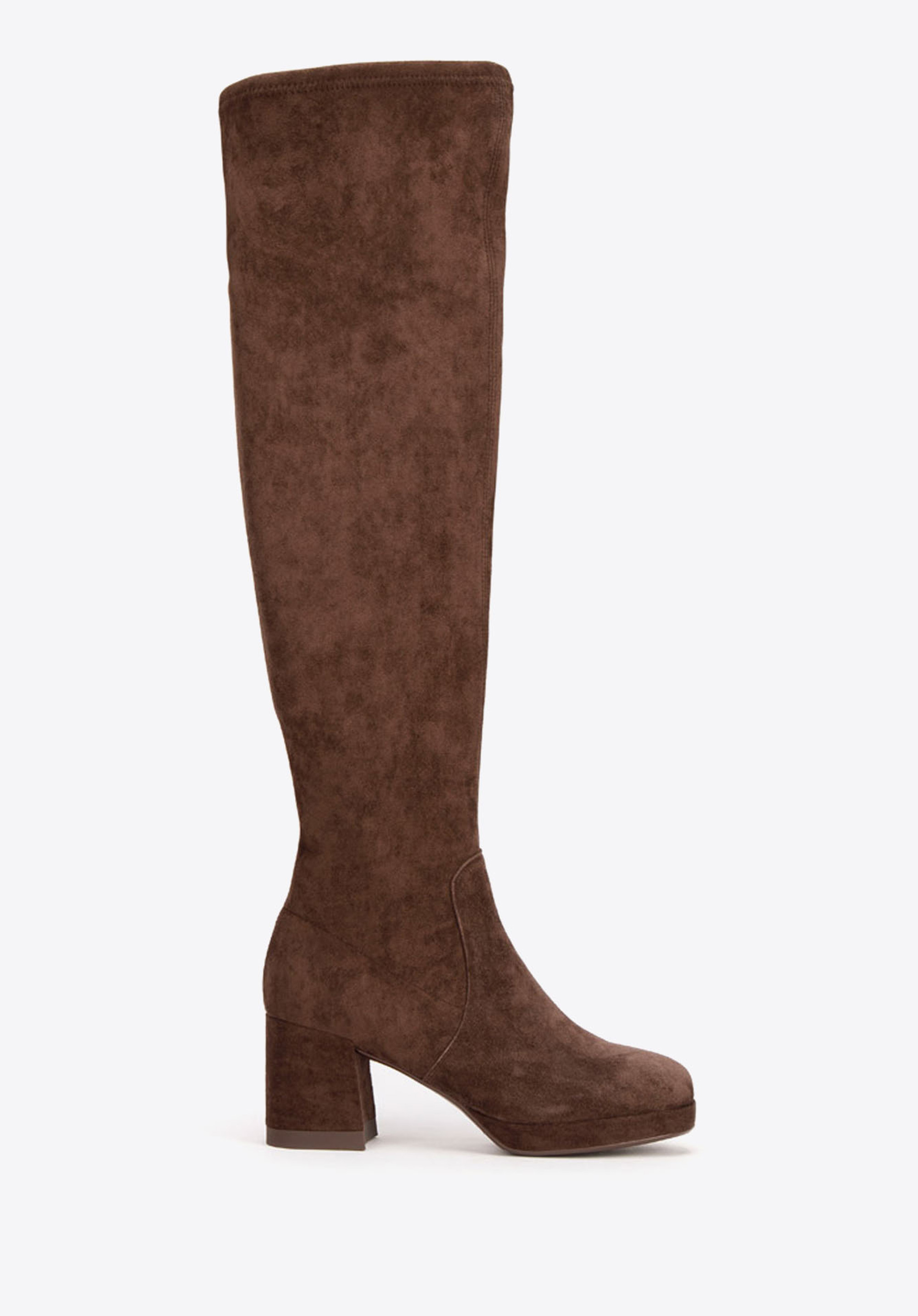 Kozaki zamszowe na słupku z elastyczną cholewką