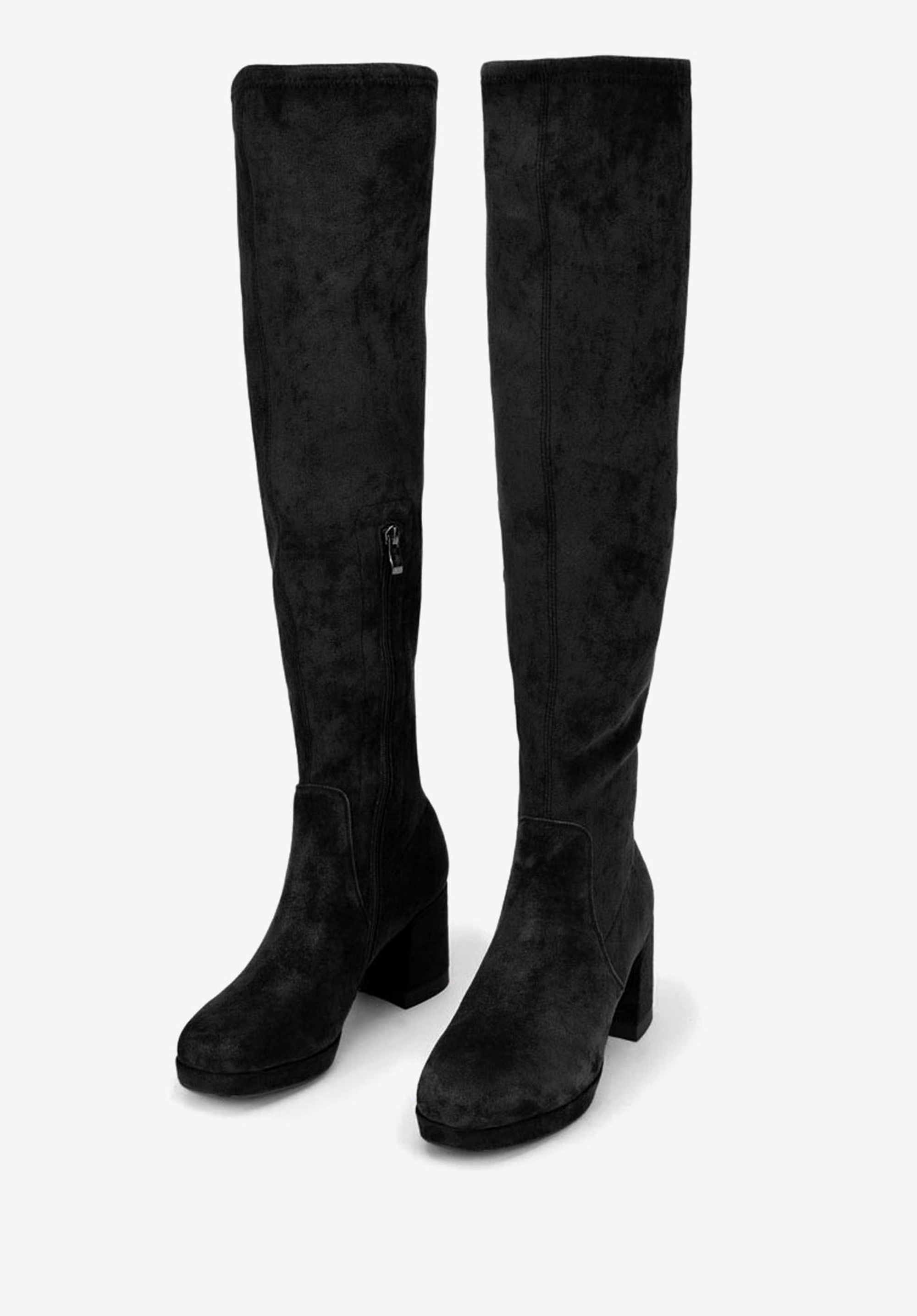 Kozaki zamszowe na słupku z elastyczną cholewką