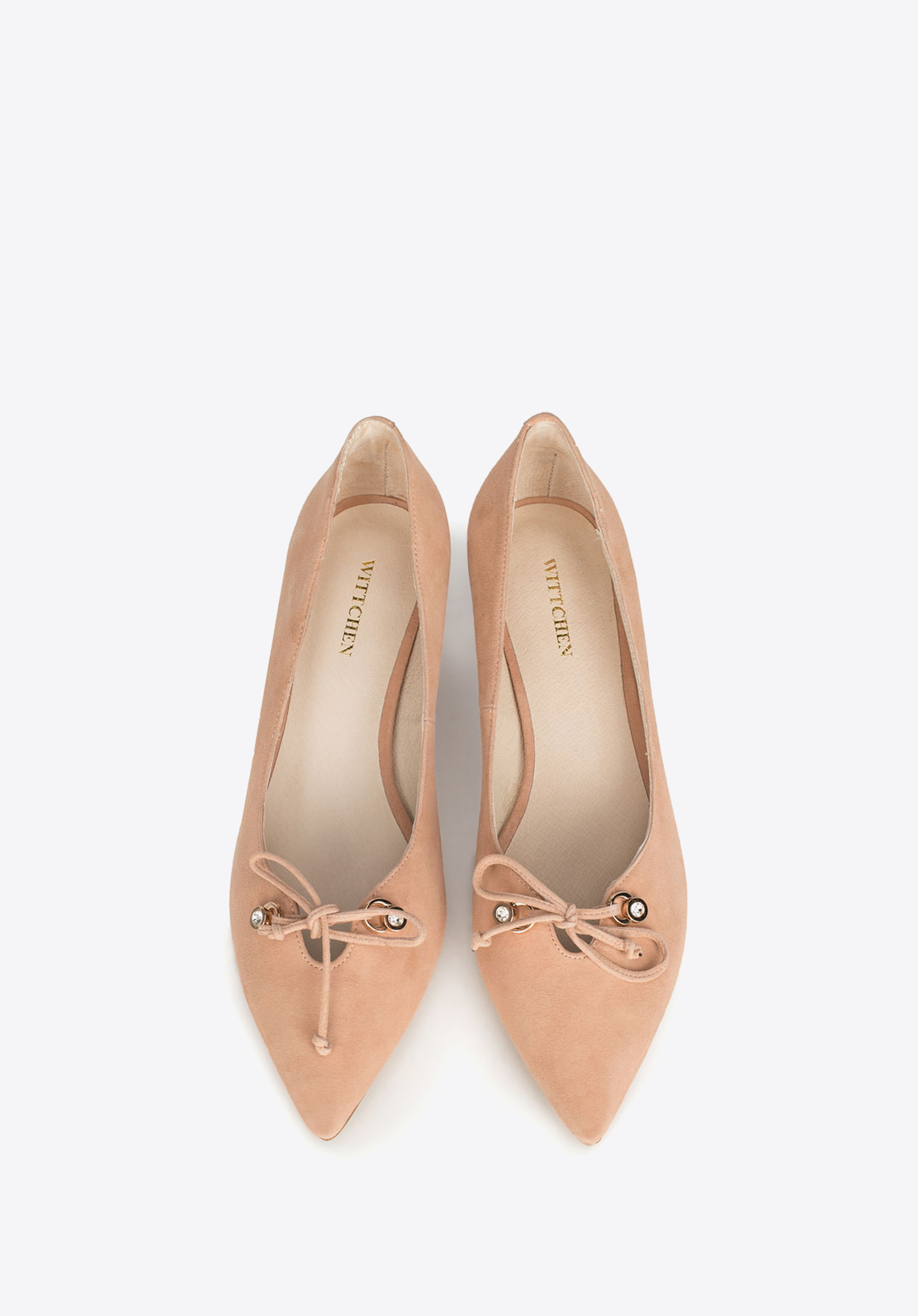 Czółenka na słupku zamszowe z  kokardką