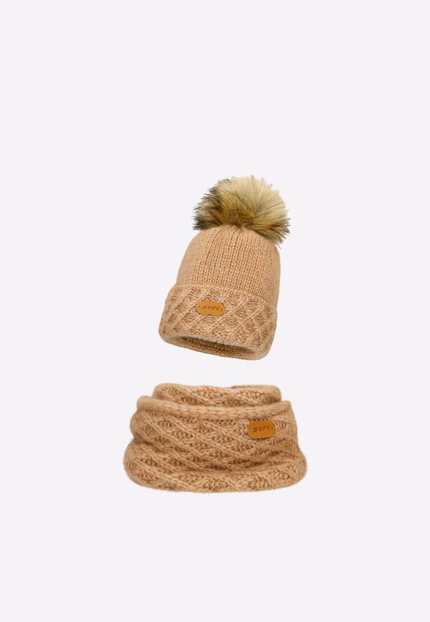 Jasnobeżowy komplet BARTEK 8560284 czapka + komin z wełną merino