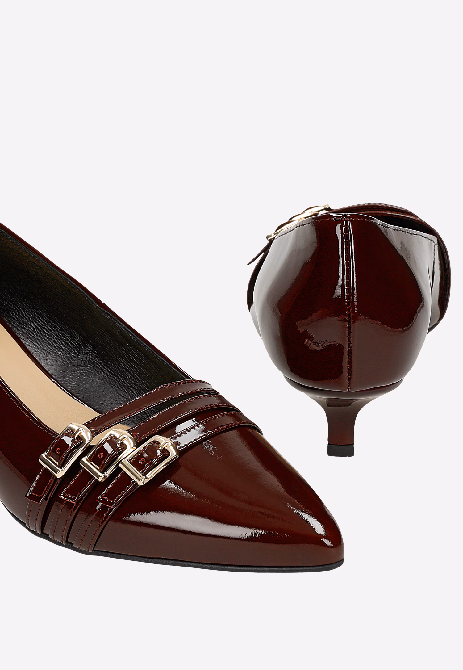 Bordowe lakierowane czółenka z ozdobnymi paskami