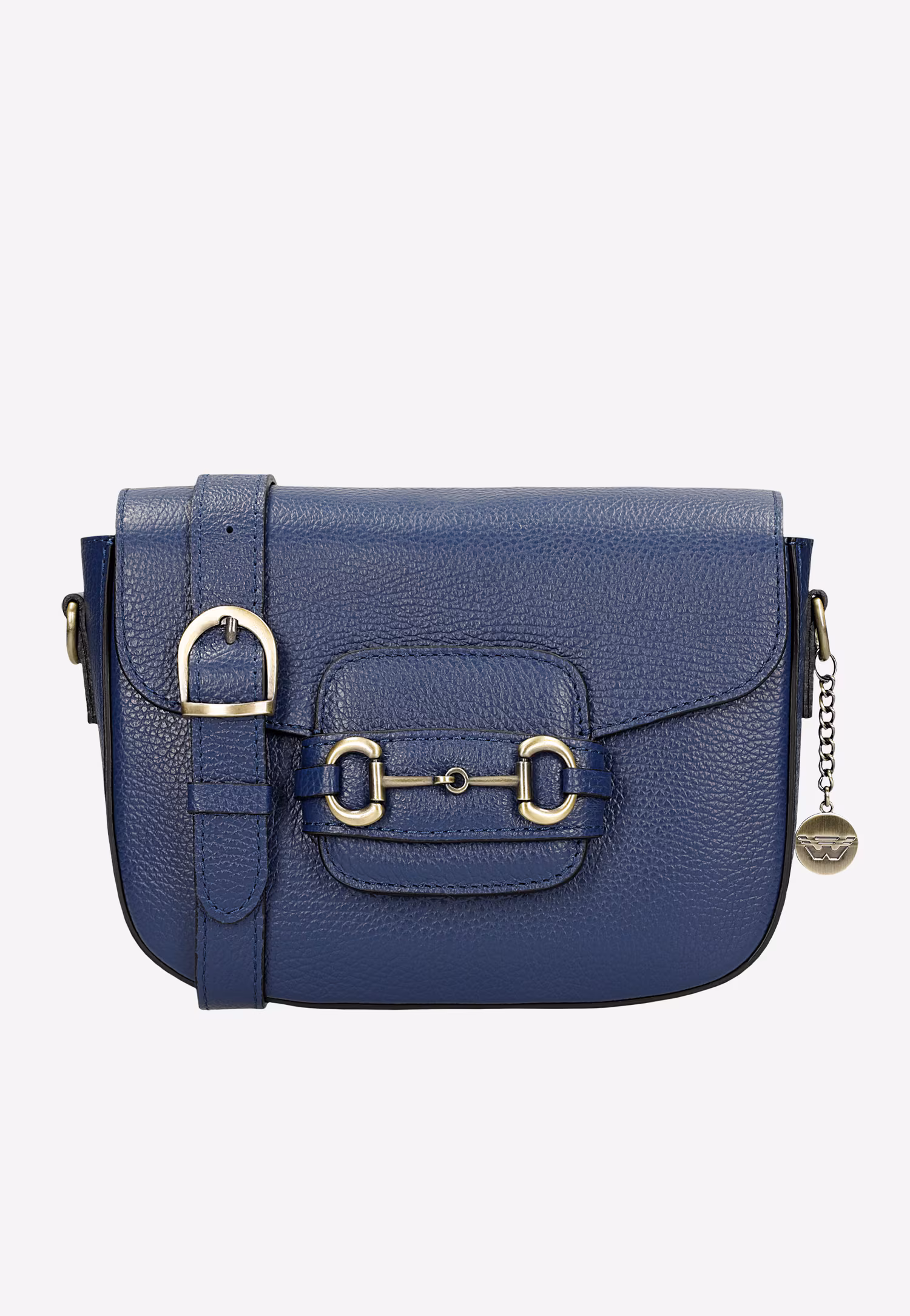 Granatowa skórzana torebka damska ze złotymi elementami