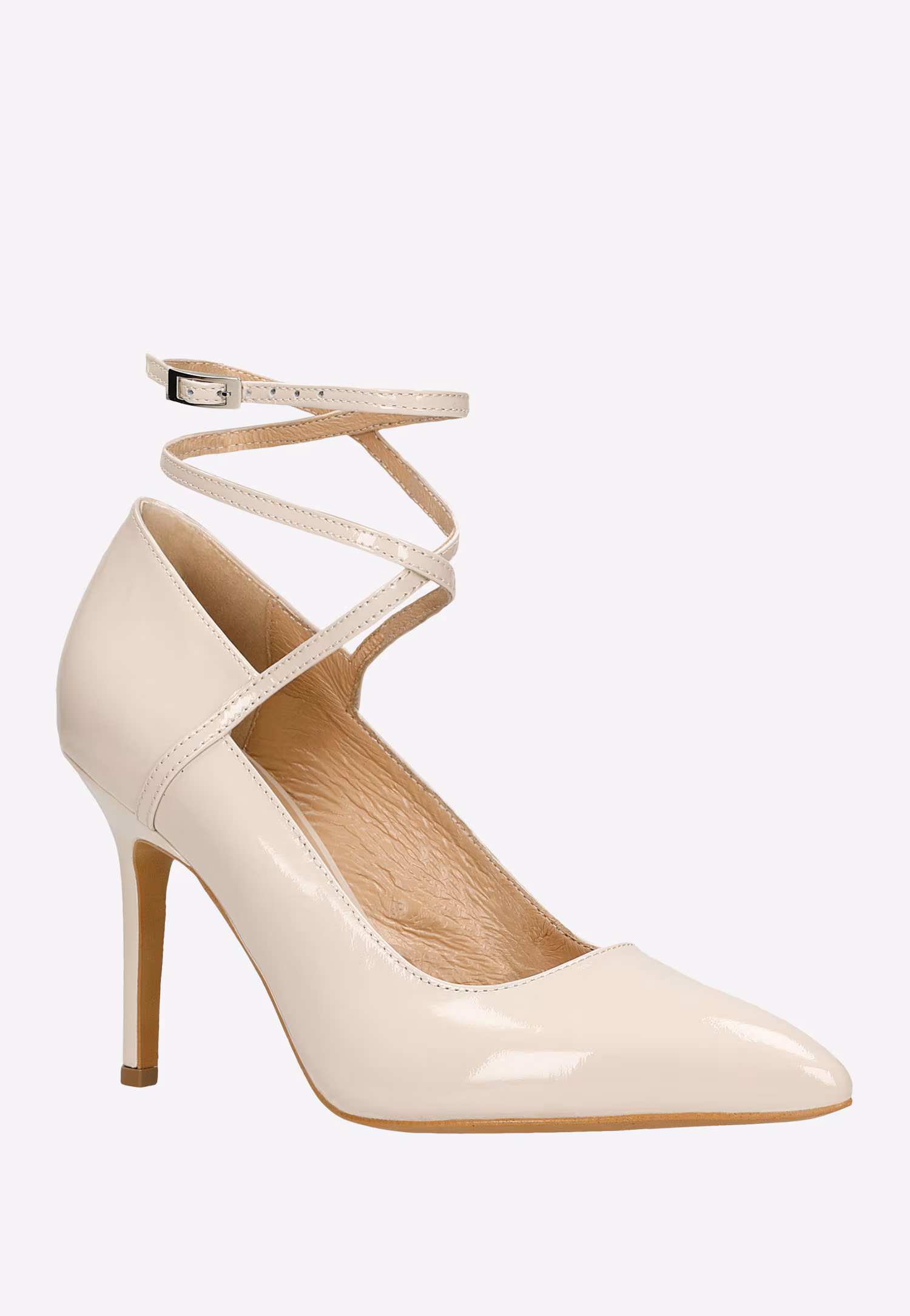 Beżowe czółenka damskie z długim paskiem oplatającym kostkę