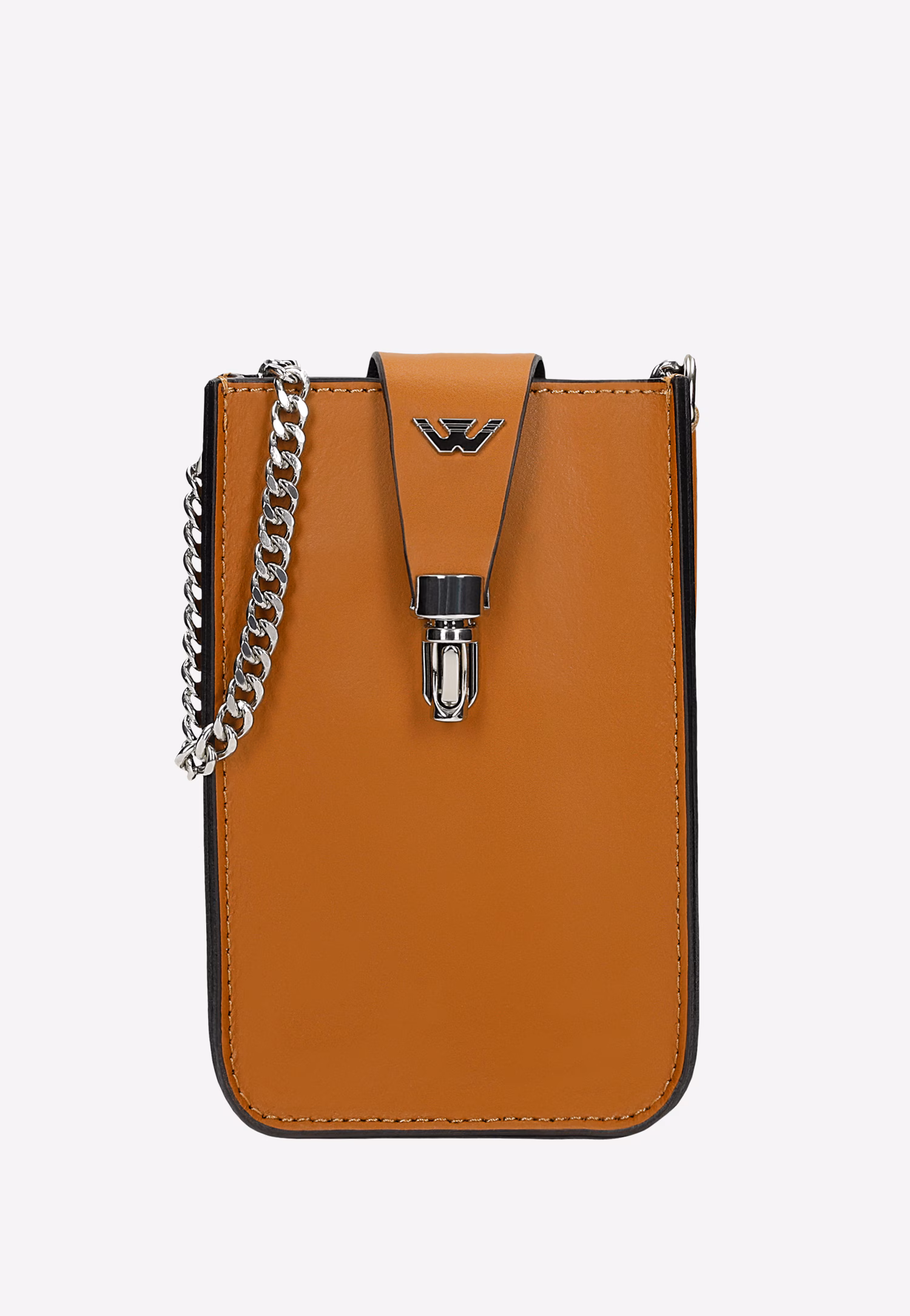 Beżowa torebka na telefon ze srebrnym łańcuchem