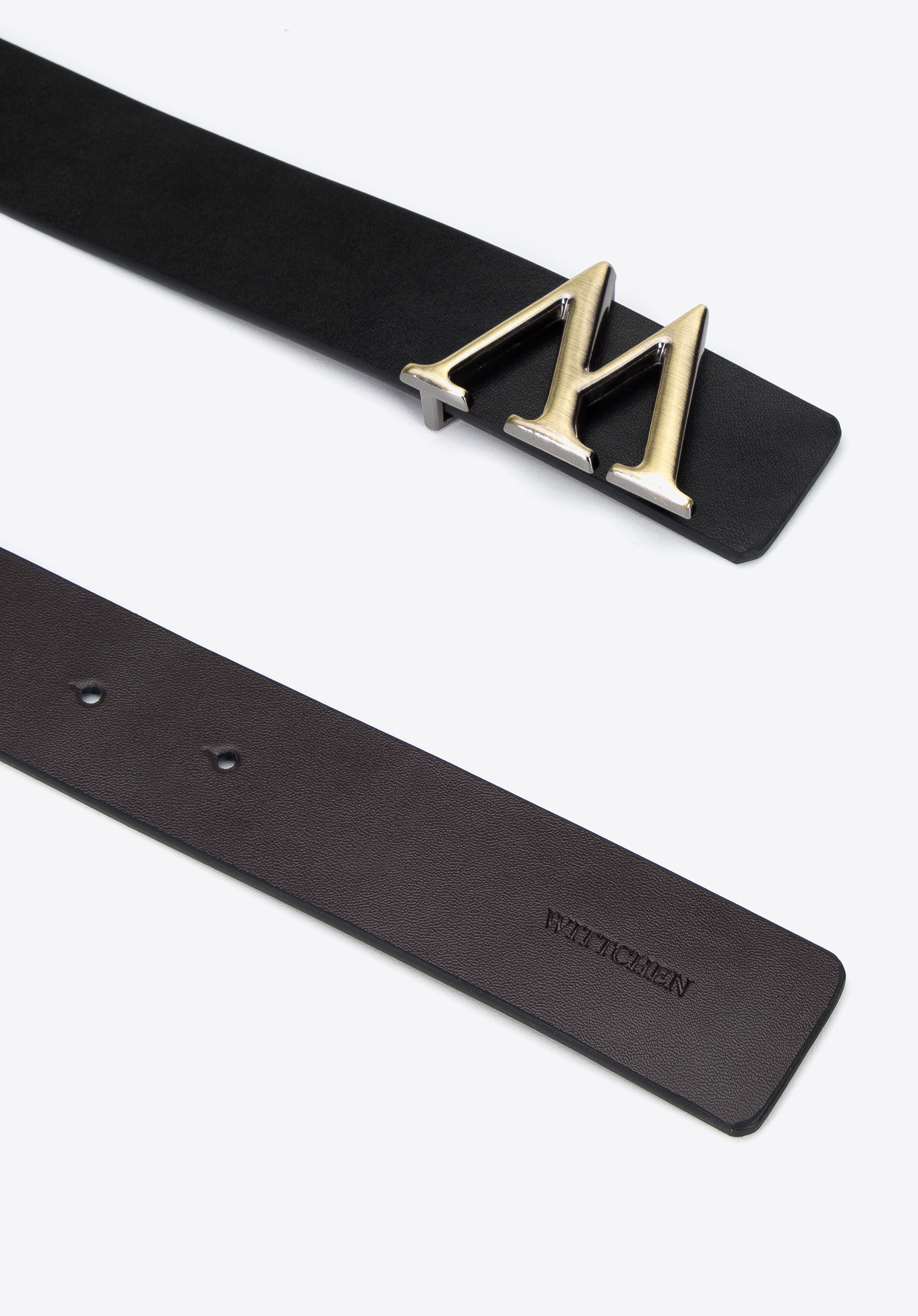 Męski pasek skórzany dwustronny z literą „W”