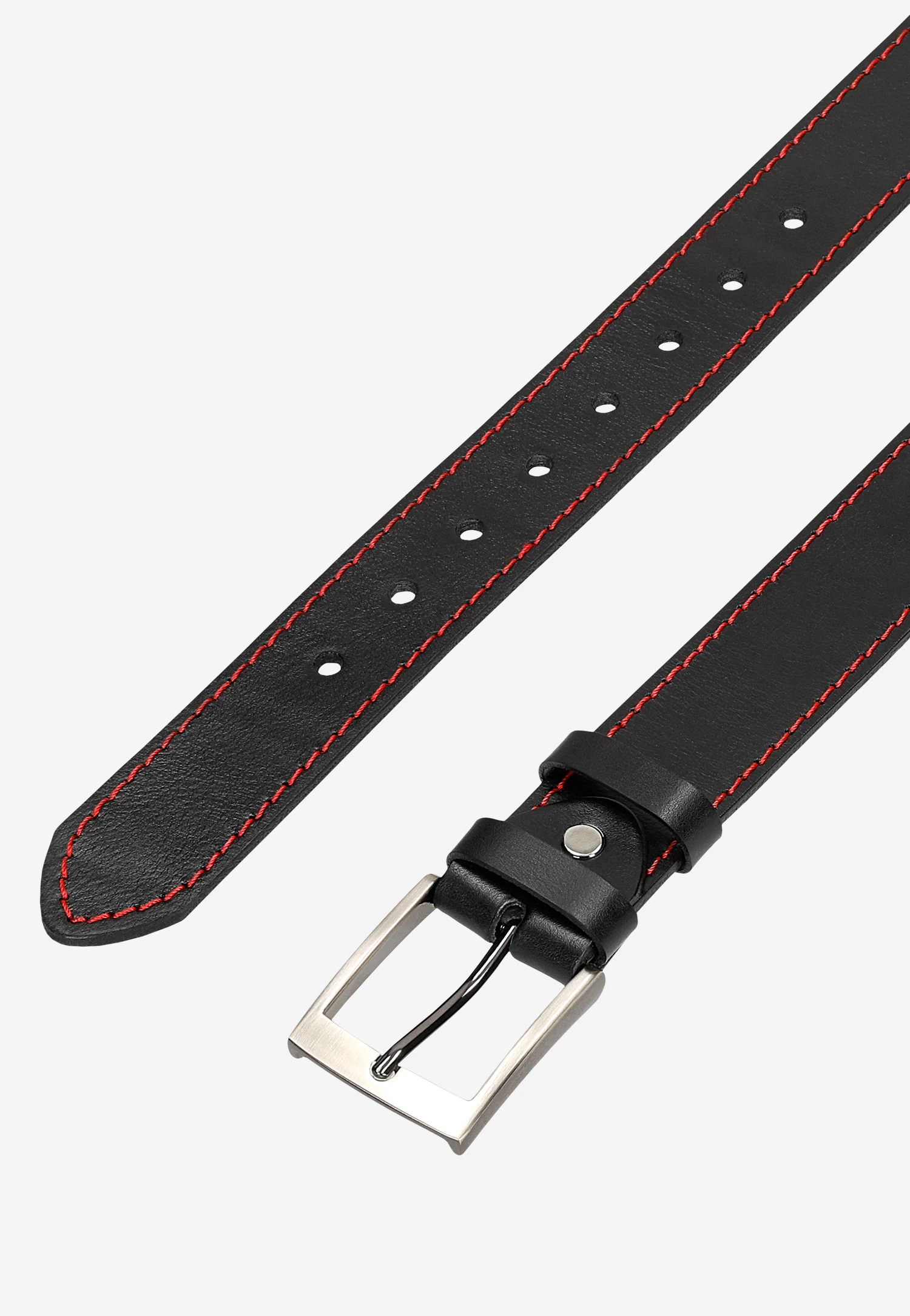 Czarny skórzany pasek męski z czerwonym przeszyciem