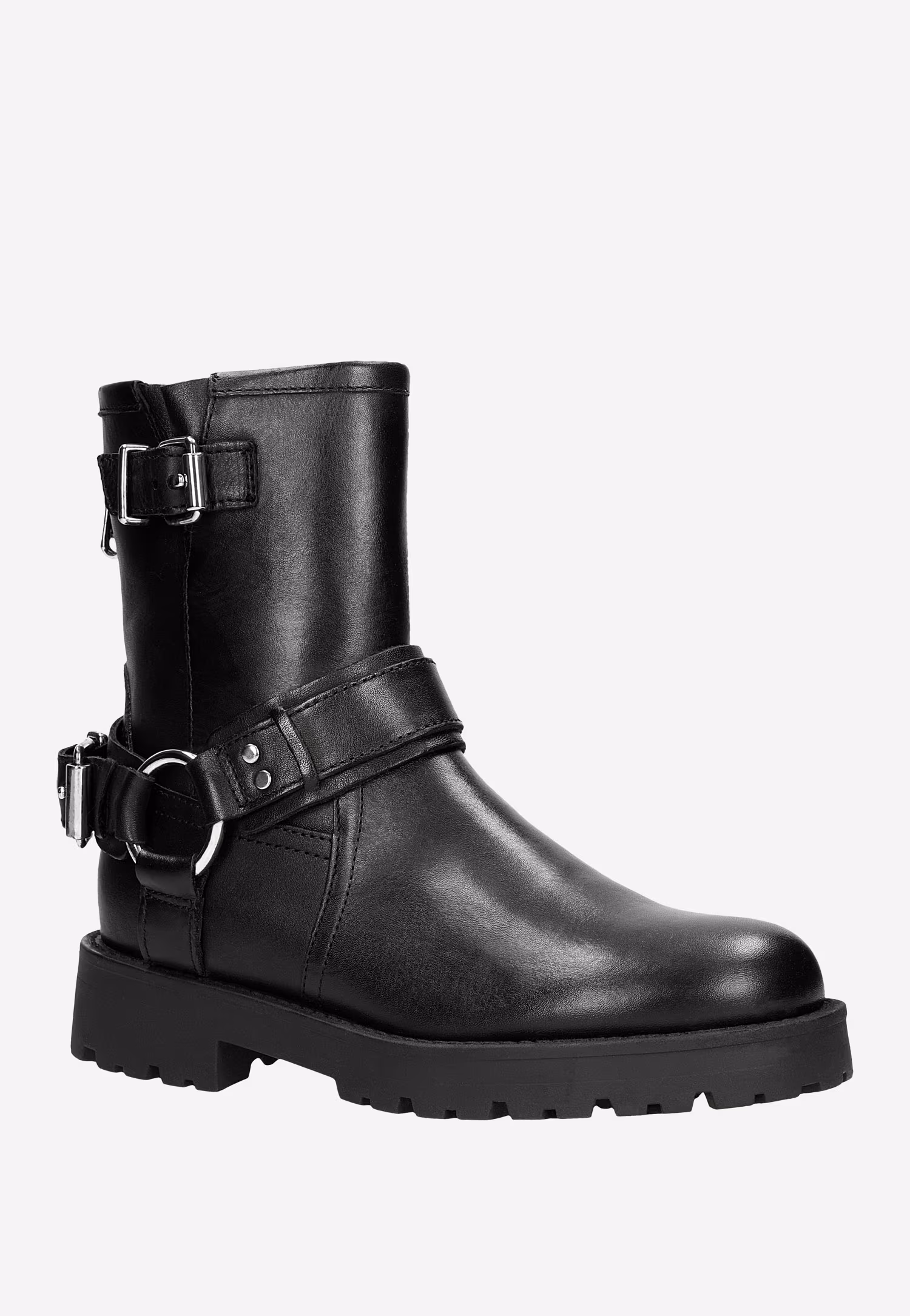 Czarne skórzane bikery damskie z klamrami