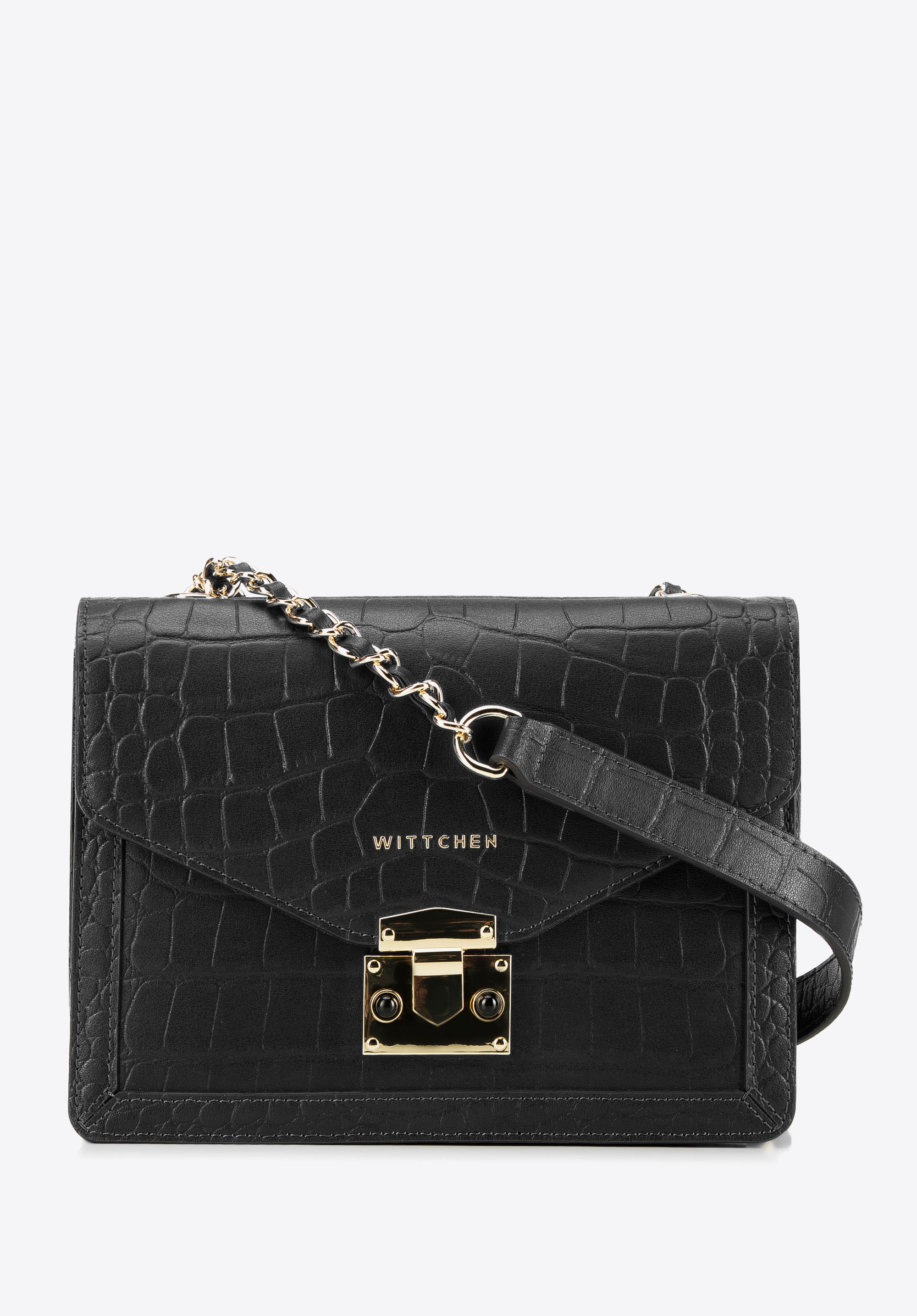 Damska listonoszka ze skóry croco z trójkątną klapą
