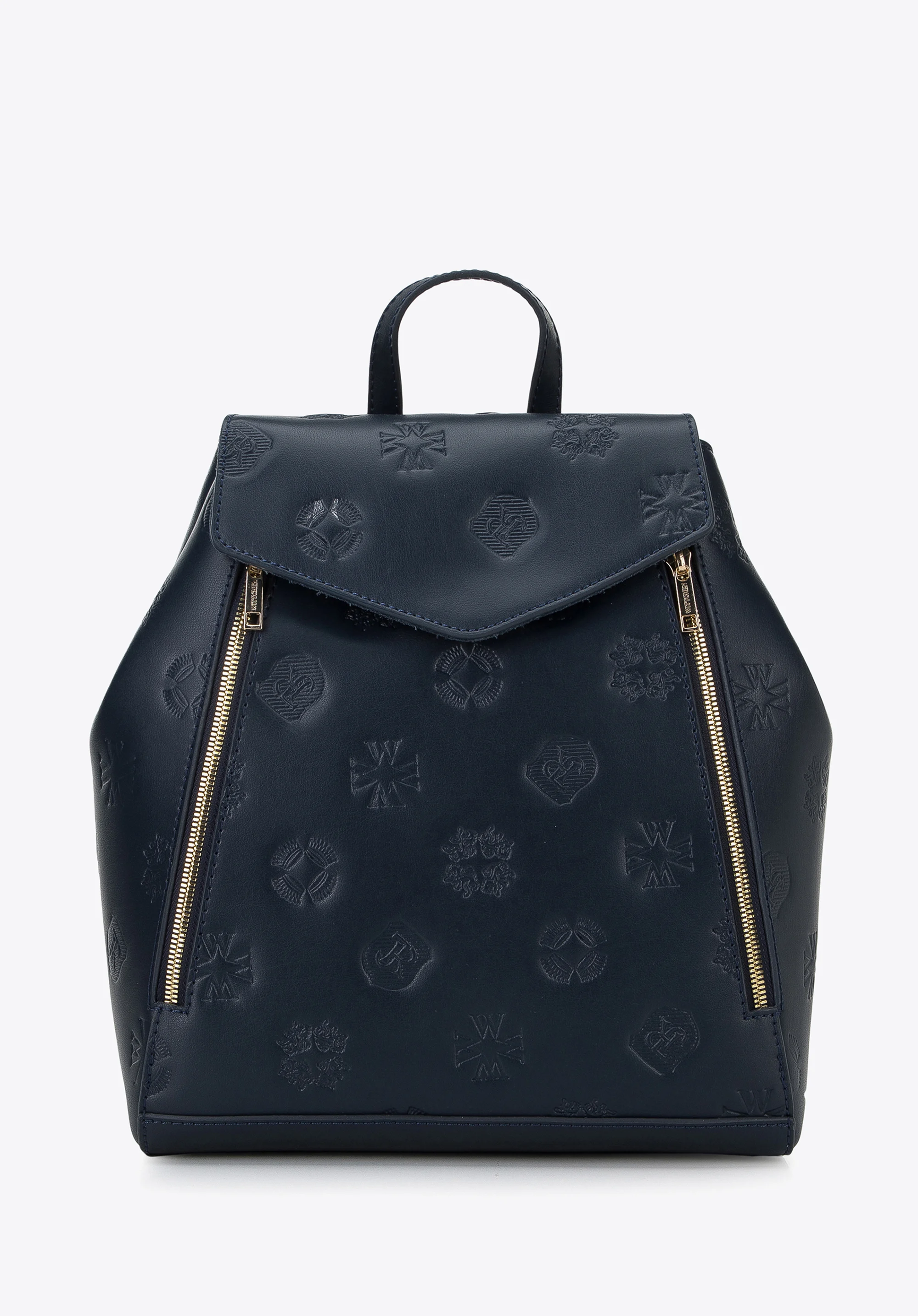 Damski plecak skórzany w monogram z pionowymi suwakami