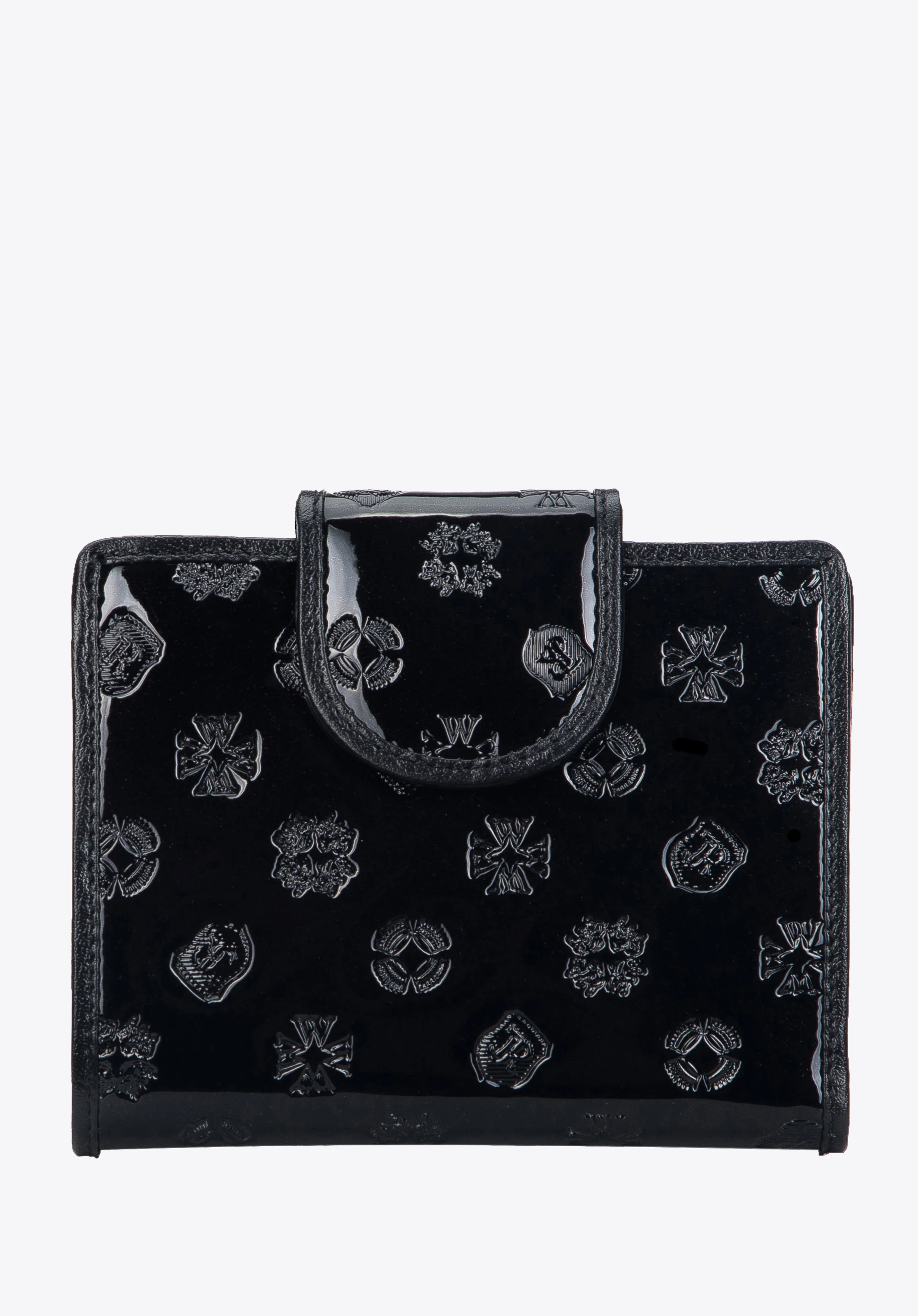 Damski portfel z lakierowanej skóry w monogram zapinany na napę