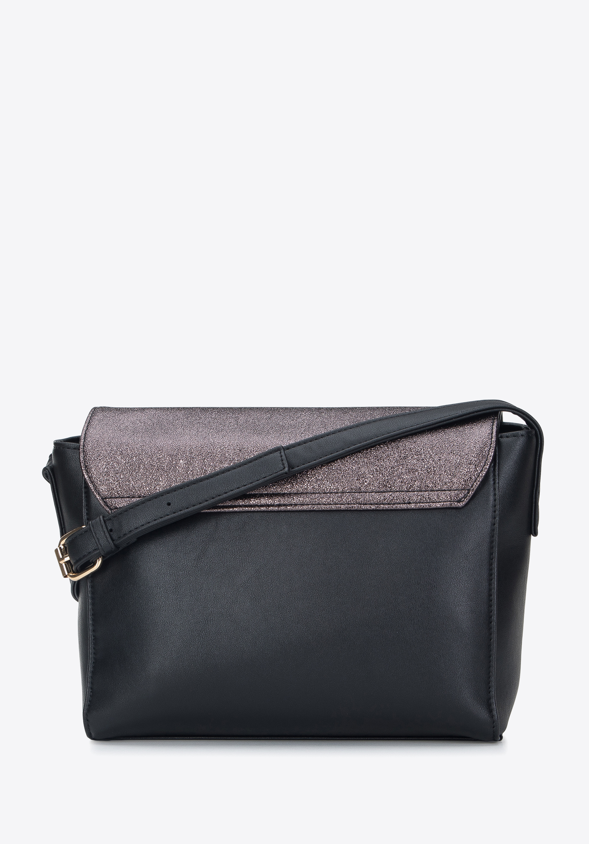 Damska listonoszka z ekoskóry z metaliczną klapą i paskami