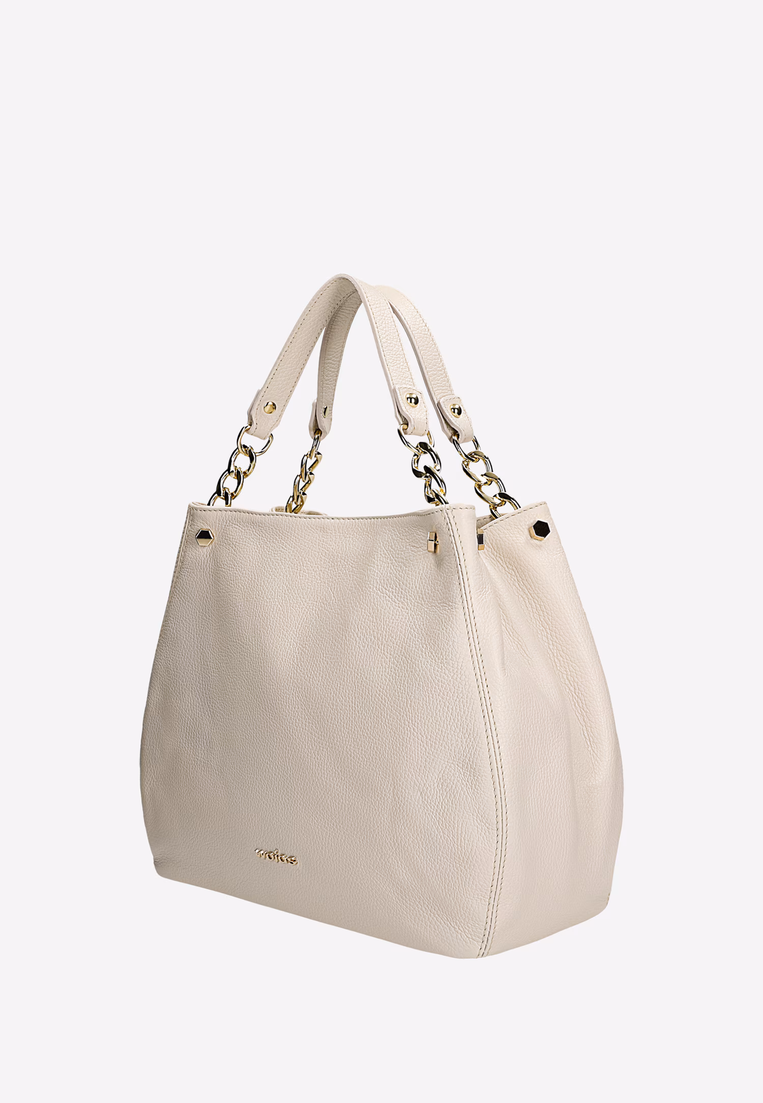 Jasnobeżowa torebka skórzana ze złotymi elementami