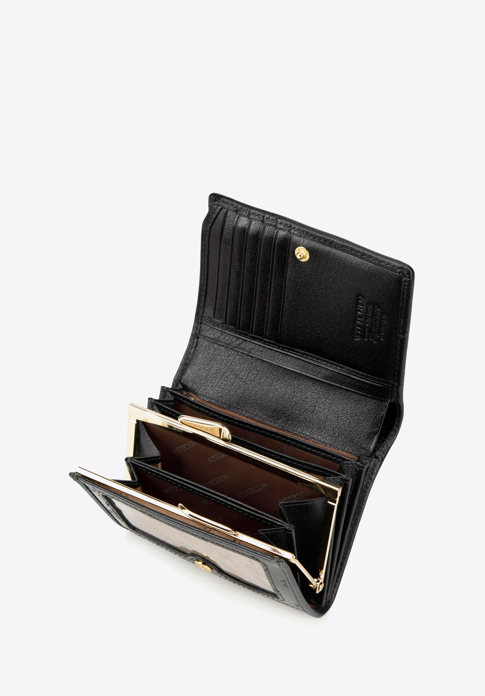 Damski portfel z lakierowanej skóry z monogramem i tasiemką mały