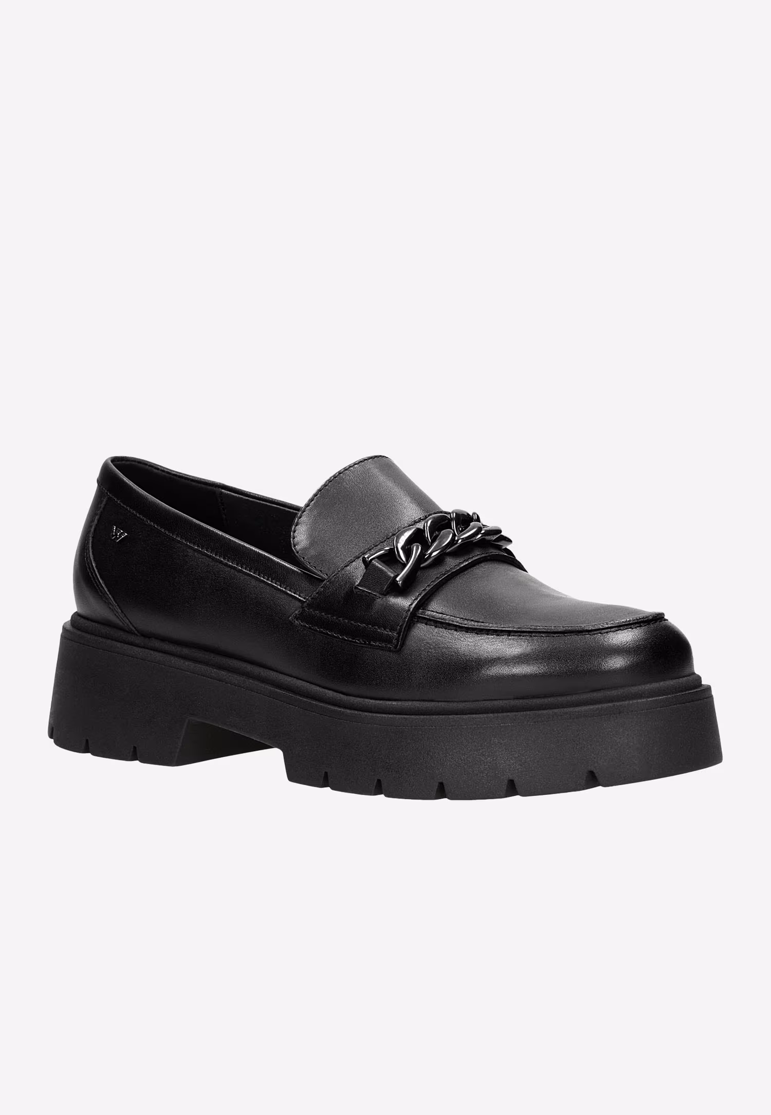 Czarne mokasyny damskie na grubej podeszwie z ozdobnym łańcuszkiem