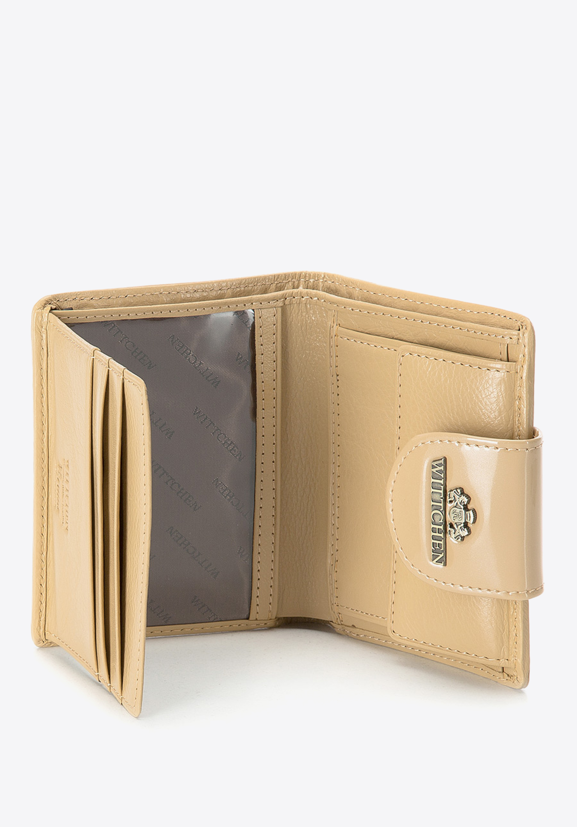 Damski portfel ze skóry lakierowany z ozdobną napą