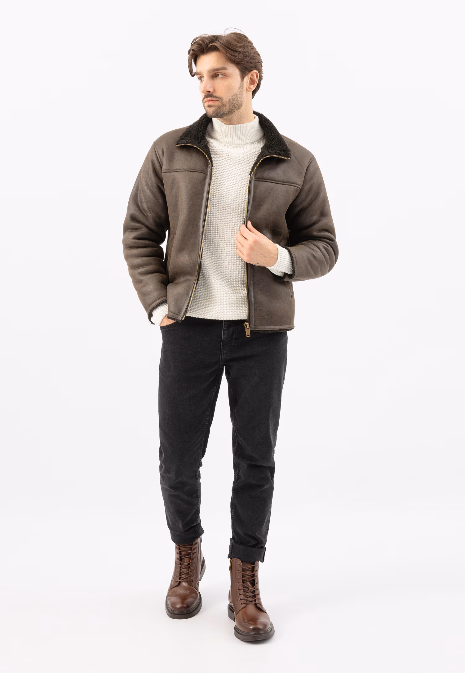 Brązowe ocieplane trzewiki męskie skórzane