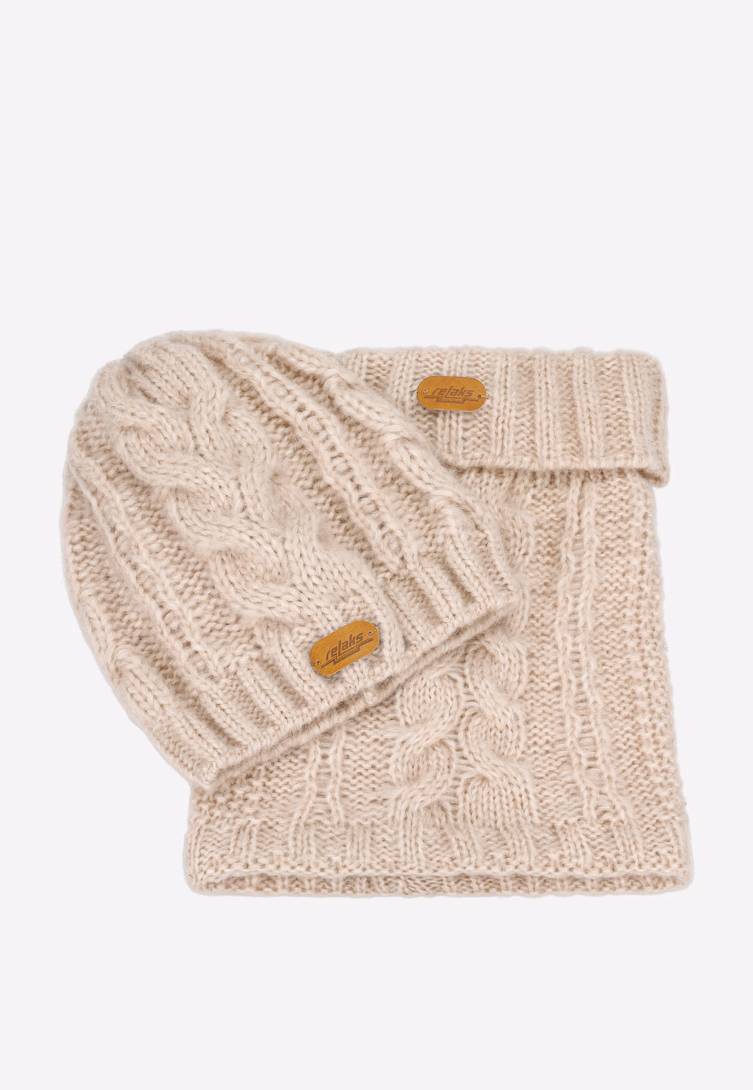 RELAKS jasnobrązowy zestaw z wełną merino - czapka + komin