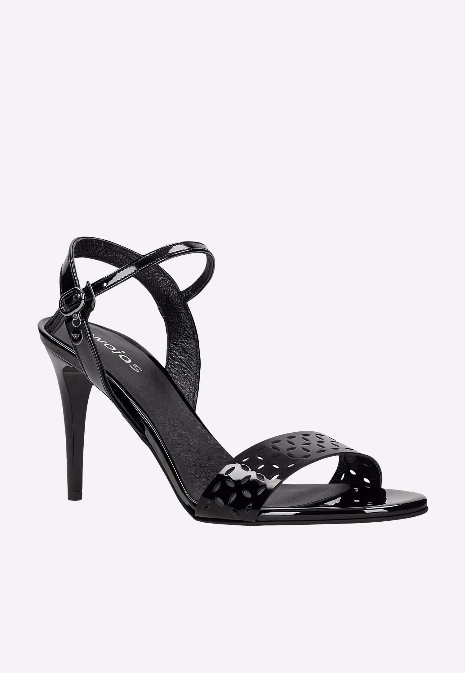 Czarne lakierowane sandały na szpilce z ażurowym paskiem
