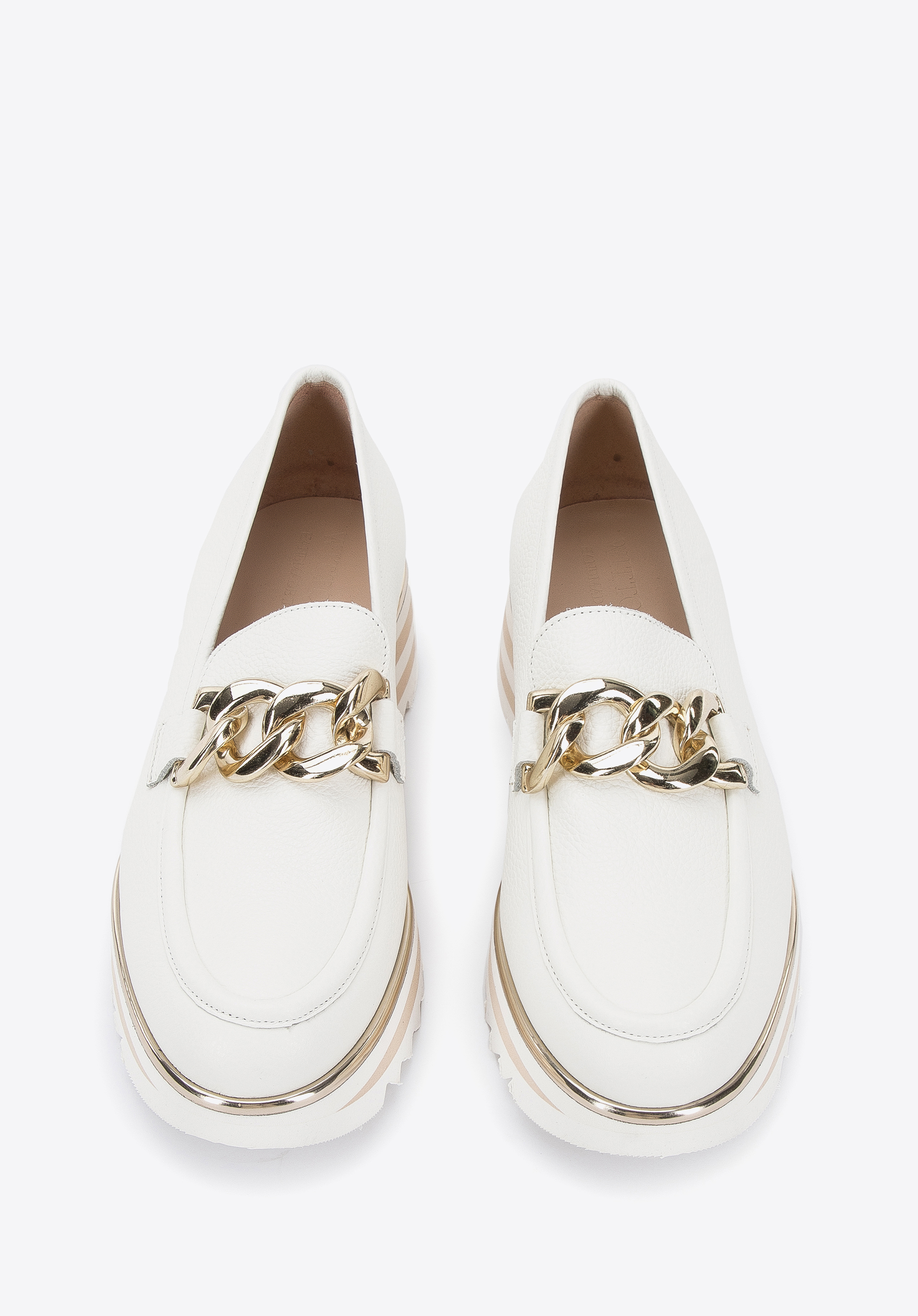 Damskie mokasyny skórzane z łańcuchem na platformie w pasy