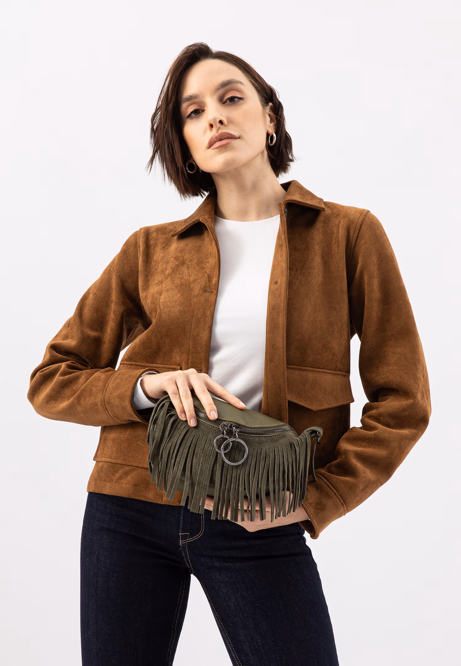 Brązowa nerka damska z frędzlami