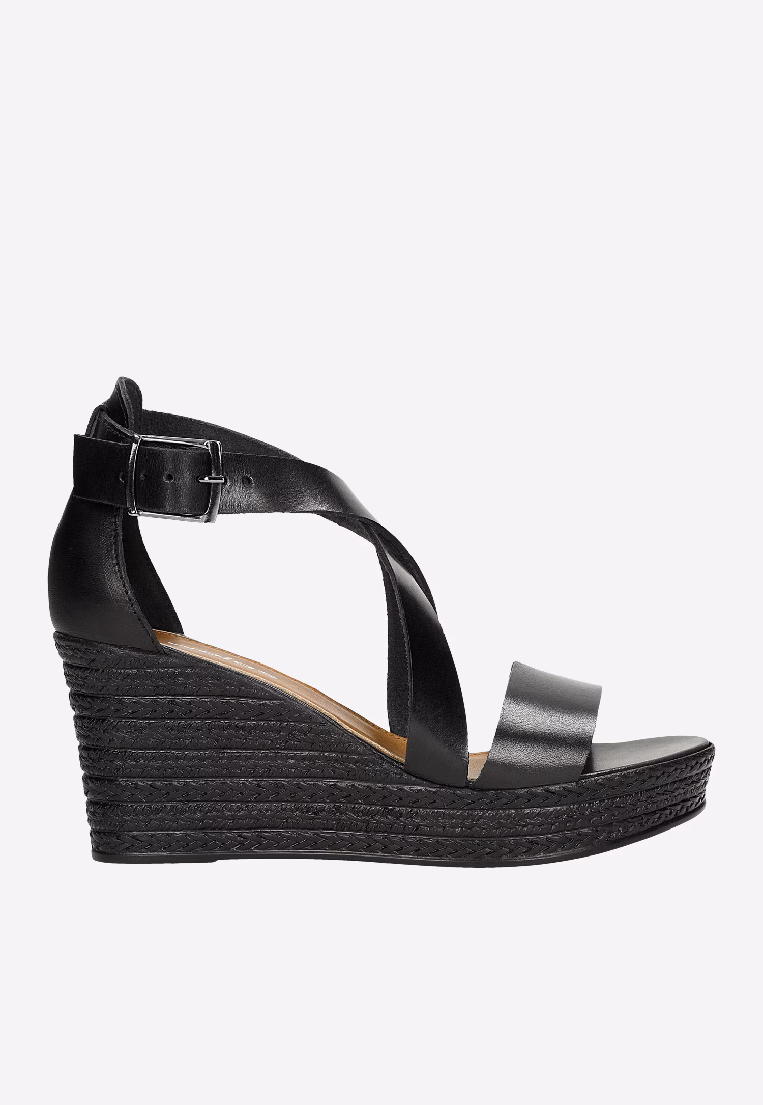 Czarne skórzane sandały damskie na koturnie