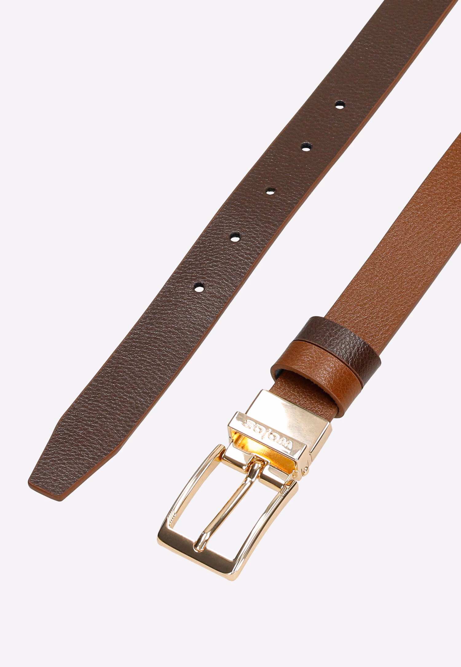 Dwustronny brązowy pasek damski ze skóry licowej ze złotą klamrą
