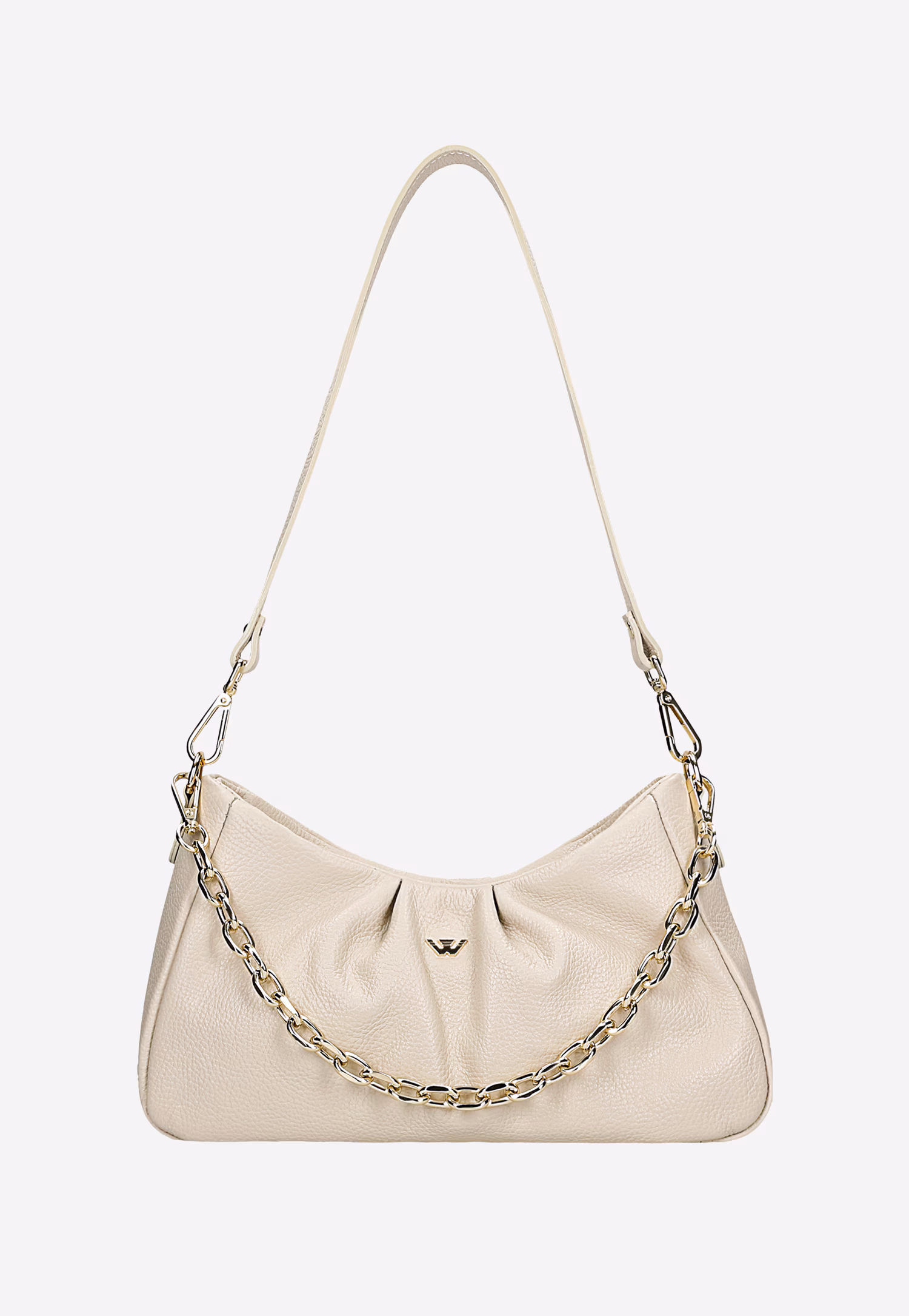 Beżowa torebka ze złotym łańcuchem