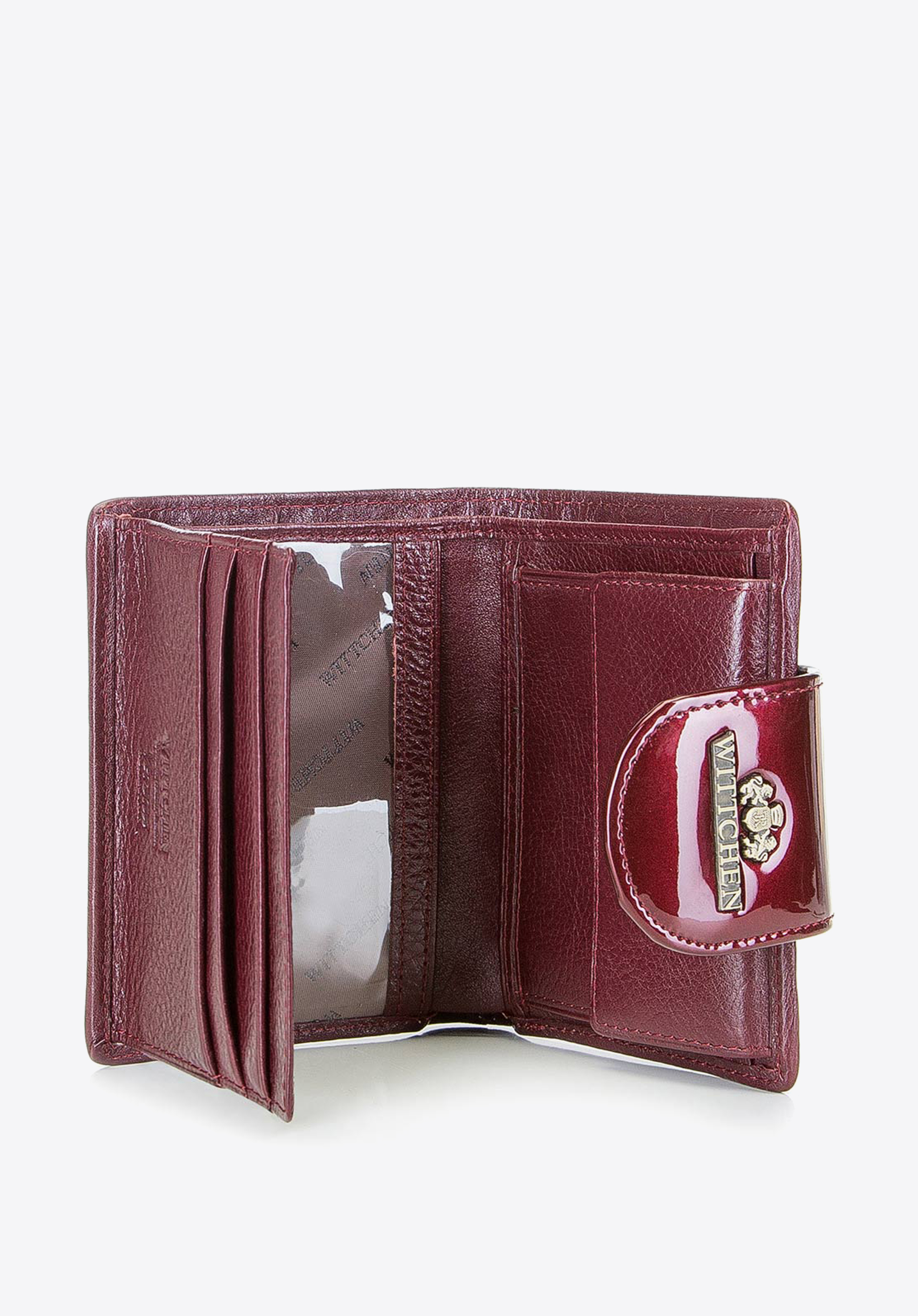 Damski portfel ze skóry lakierowany z ozdobną napą