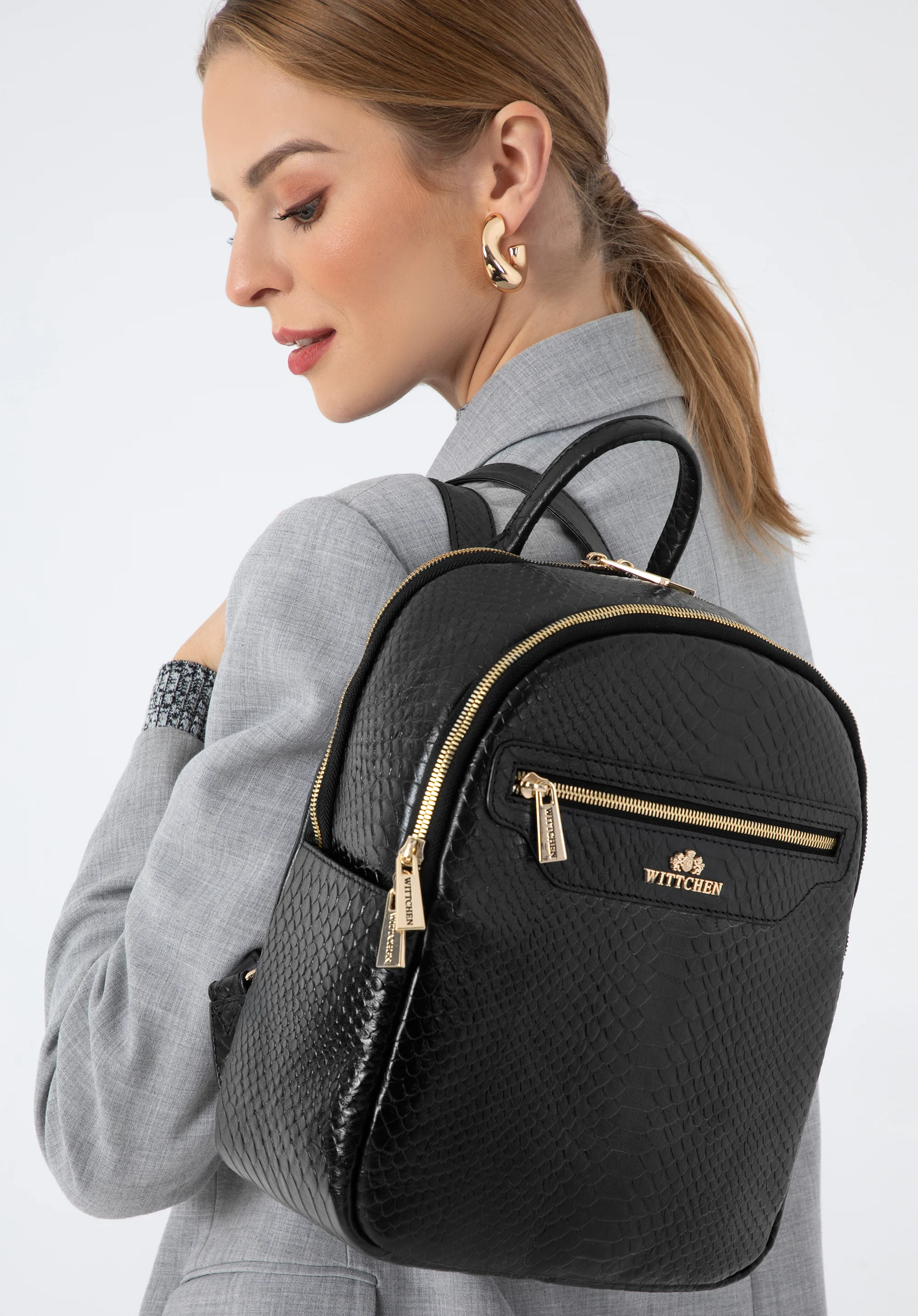 Damski plecak ze skóry o fakturze lizard dwukomorowy