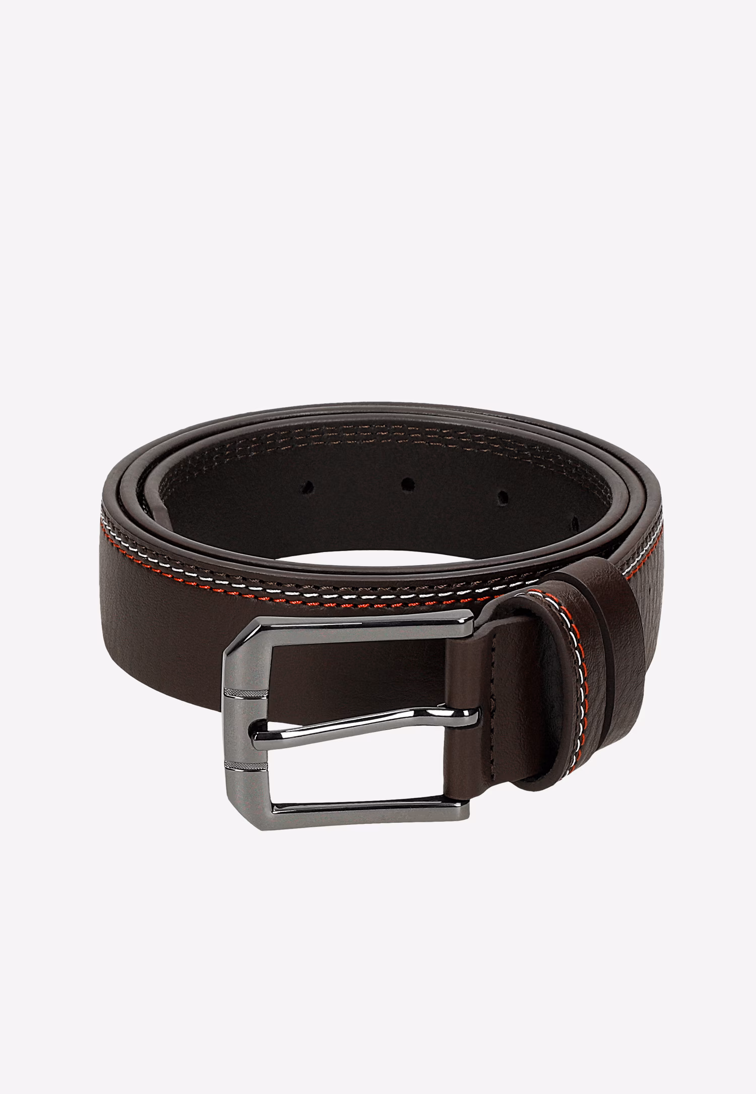 Brązowy pasek męski z biało-czerwonymi przeszyciami