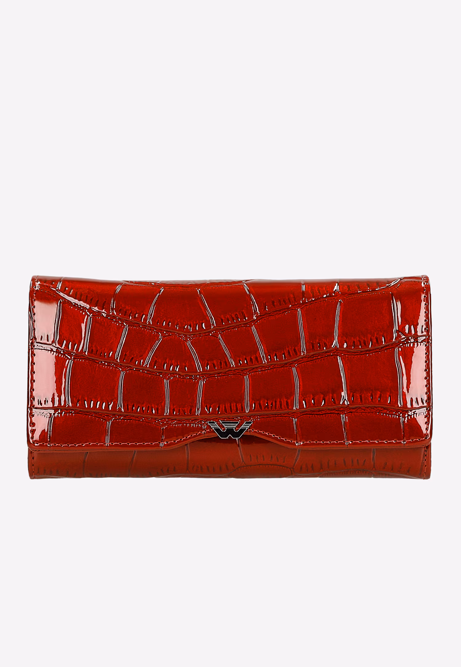 Duży czerwony portfel z lakierowanej skóry z lekko metalicznym połyskiem